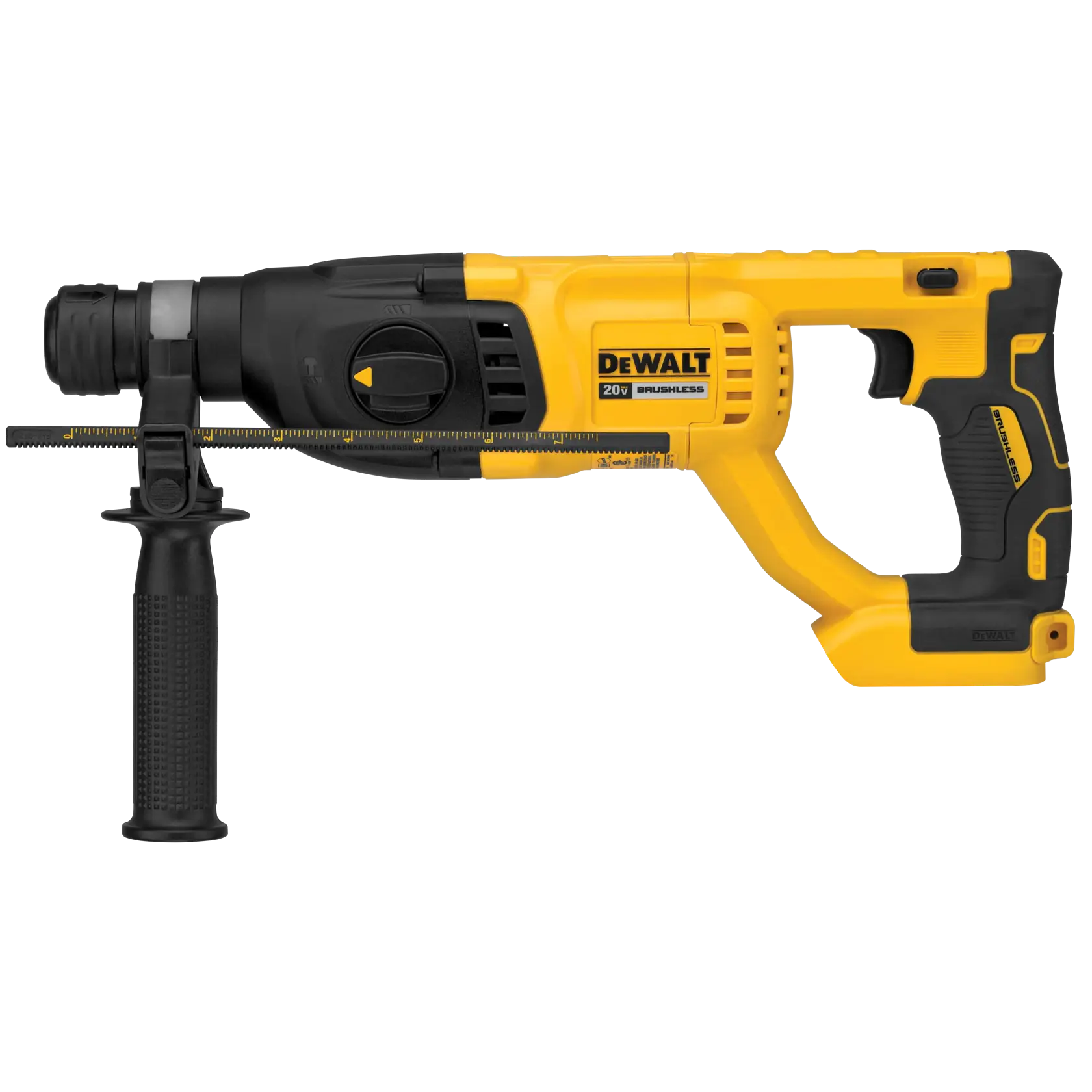 Un taladro rotativo inalámbrico DEWALT 20V brushless con cuerpo amarillo y negro y mango auxiliar, mostrado de perfil lateral.