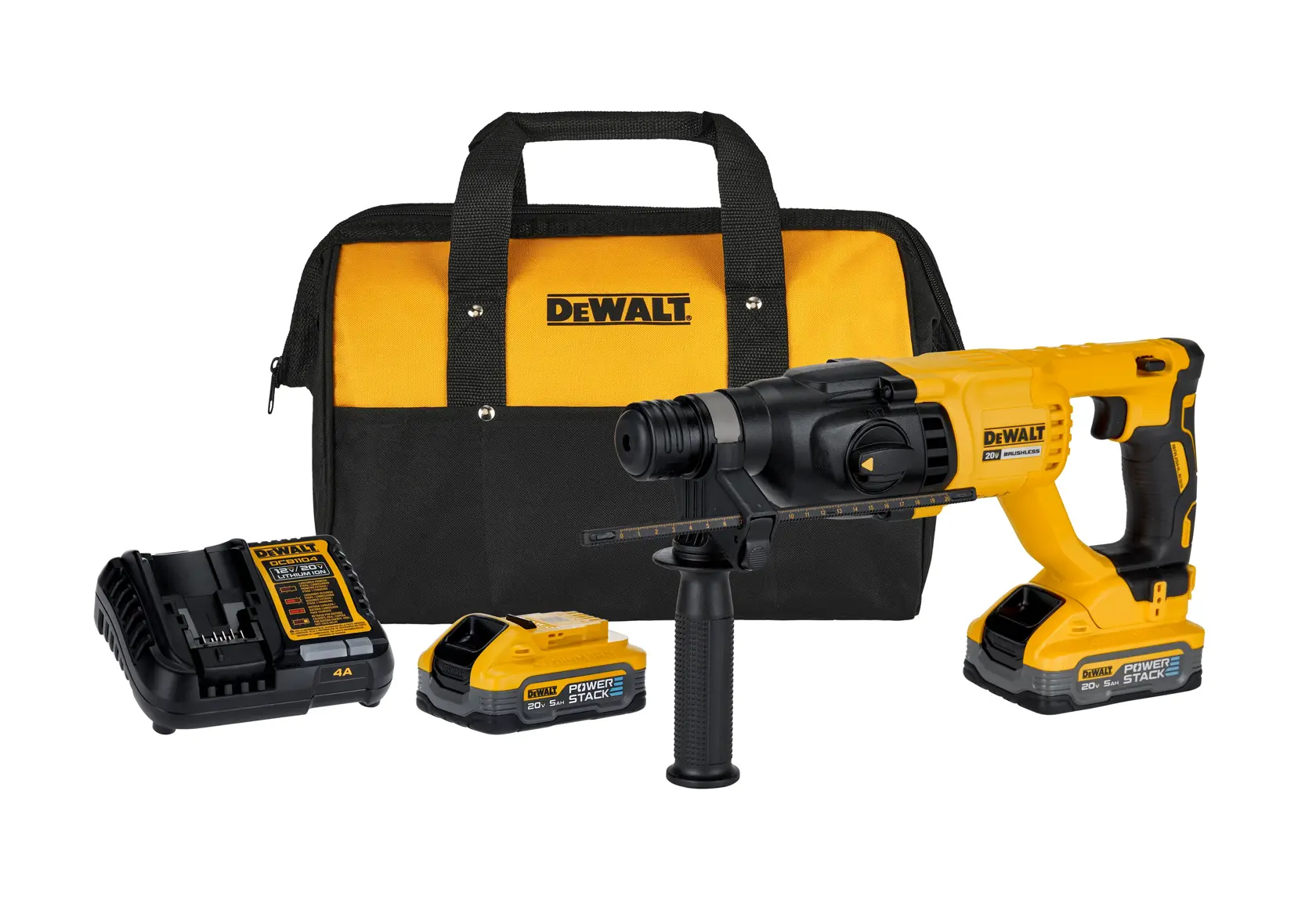 Un kit de martillo rotativo inalámbrico DEWALT, que incluye un martillo rotativo amarillo y negro, dos baterías, un cargador y una bolsa para herramientas amarilla y negra a juego.
