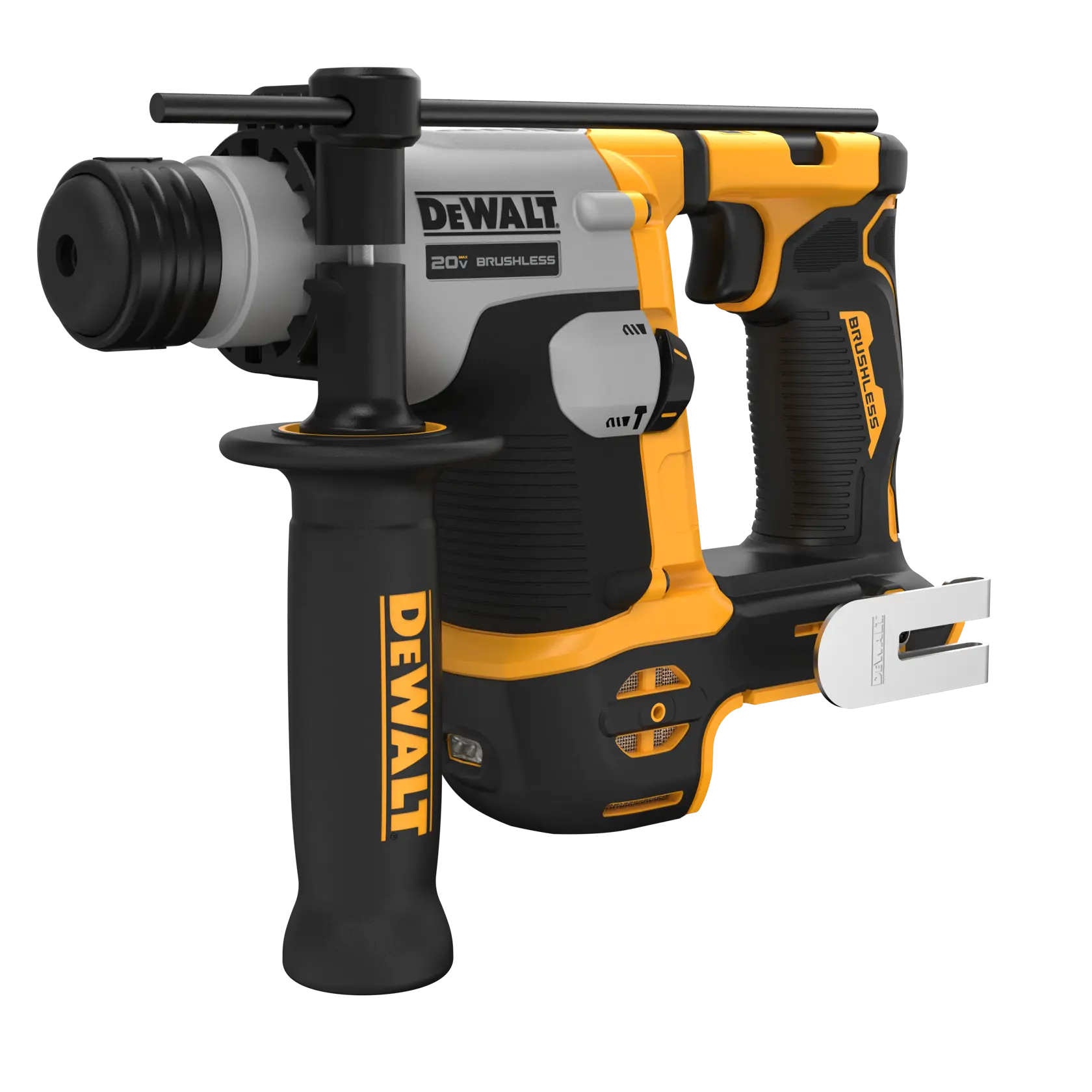 Un martillo rotativo sin escobillas DEWALT 20V con mango lateral y gancho metálico para cinturón, con el logo DEWALT en el mango y un diseño robusto en amarillo y negro.