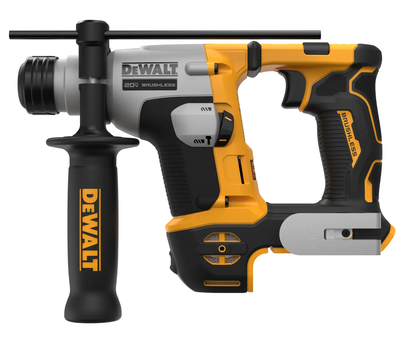 Un martillo rotativo sin escobillas DEWALT 20V con mango lateral, con un diseño amarillo y negro. El logotipo de DEWALT es visible en el mango.