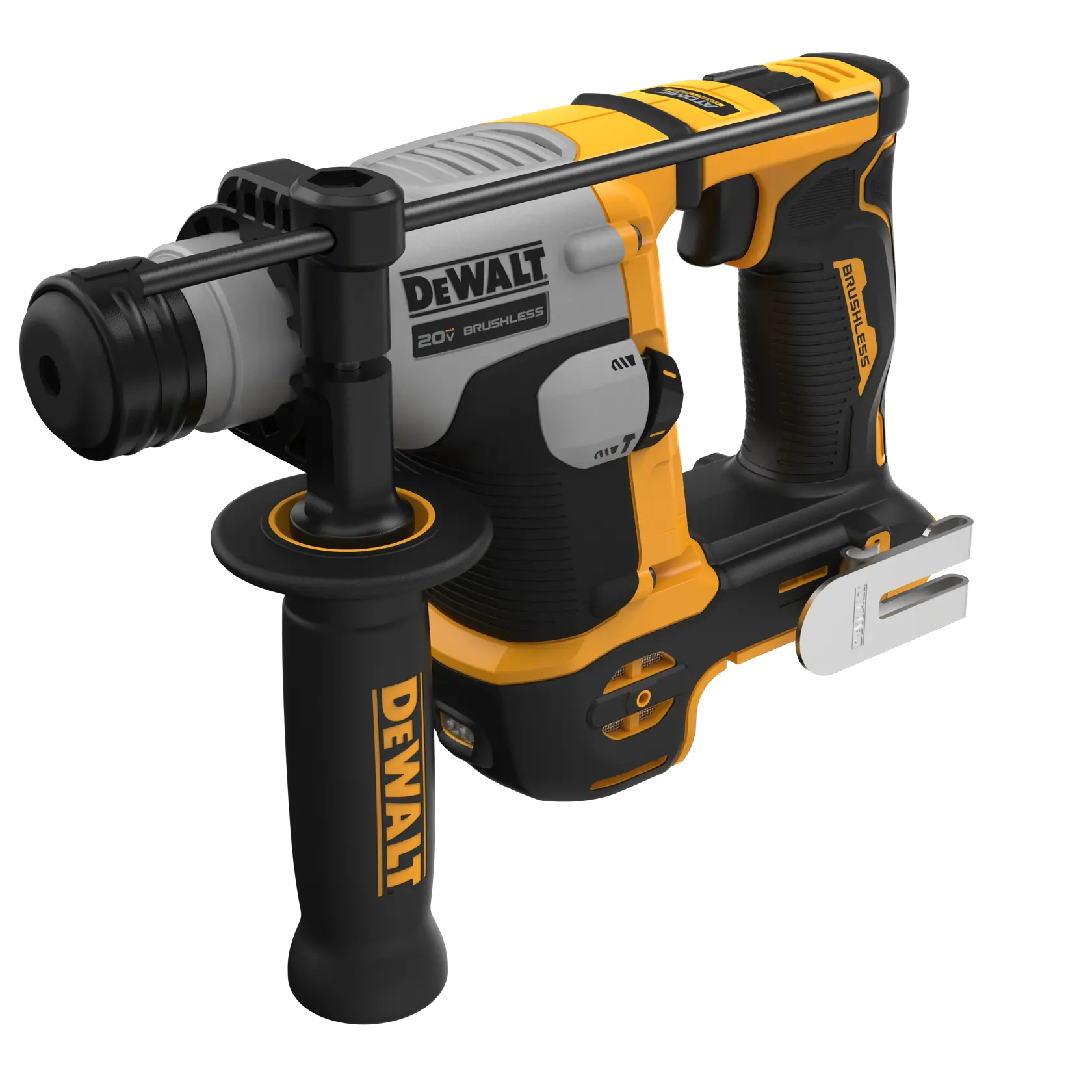 Un martillo rotativo DEWALT 20V sin escobillas con diseño negro y amarillo, que incluye una empuñadura lateral y clip para cinturón.
