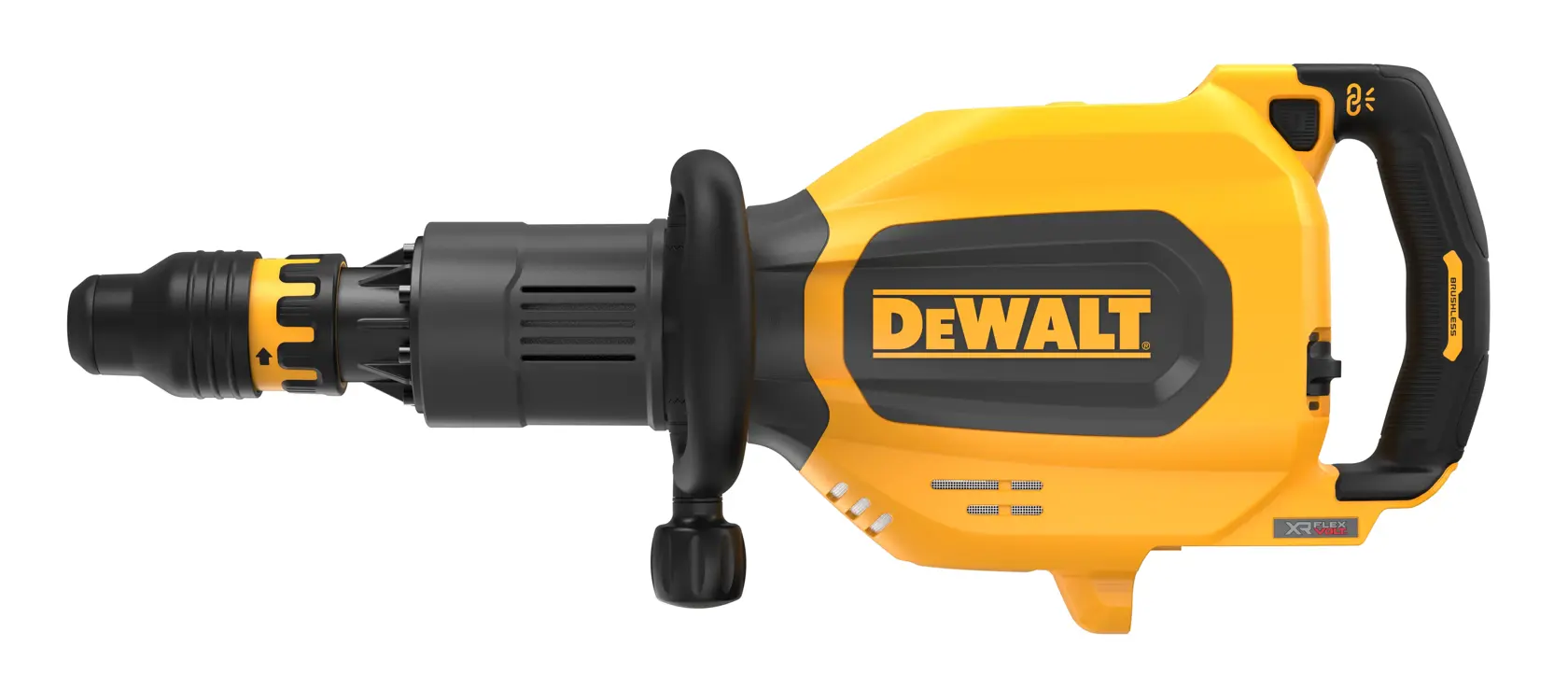 Martillo demoledor inalámbrico DEWALT amarillo con mango negro, vista lateral sobre fondo blanco.
