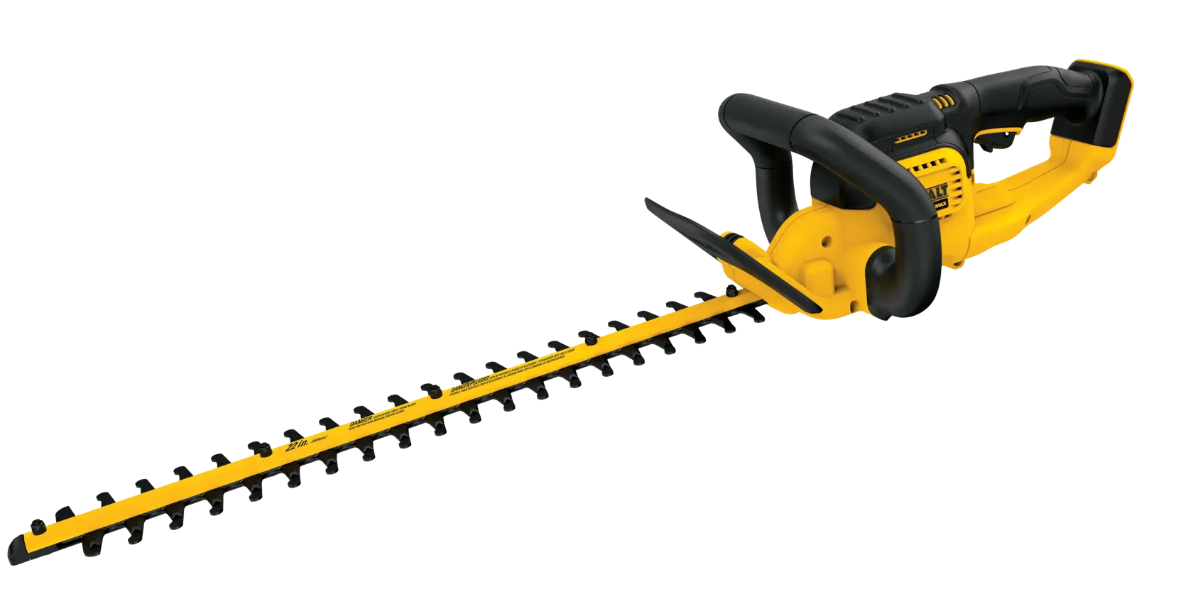Una recortadora de setos inalámbrica DEWALT amarilla y negra con una hoja larga y un mango ergonómico, mostrada sobre un fondo blanco.
