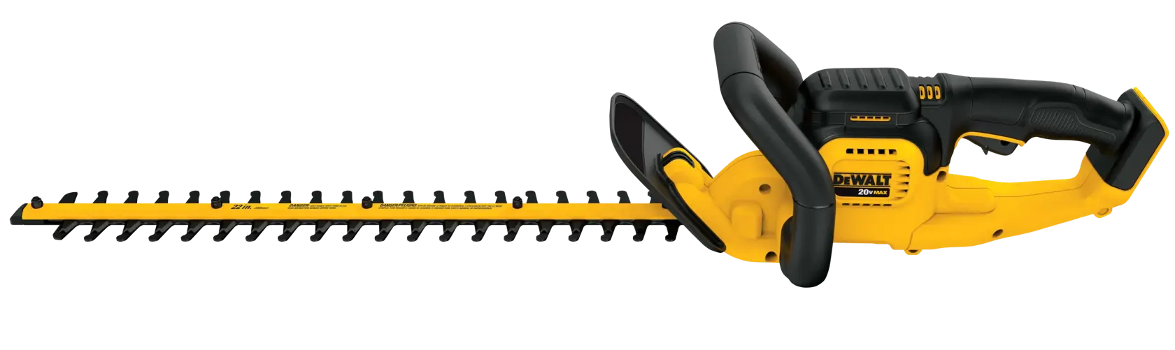 Cortasetos inalámbrico DEWALT amarillo y negro con una hoja larga y mango ergonómico, modelo DCHT820B, mostrado sobre un fondo blanco.