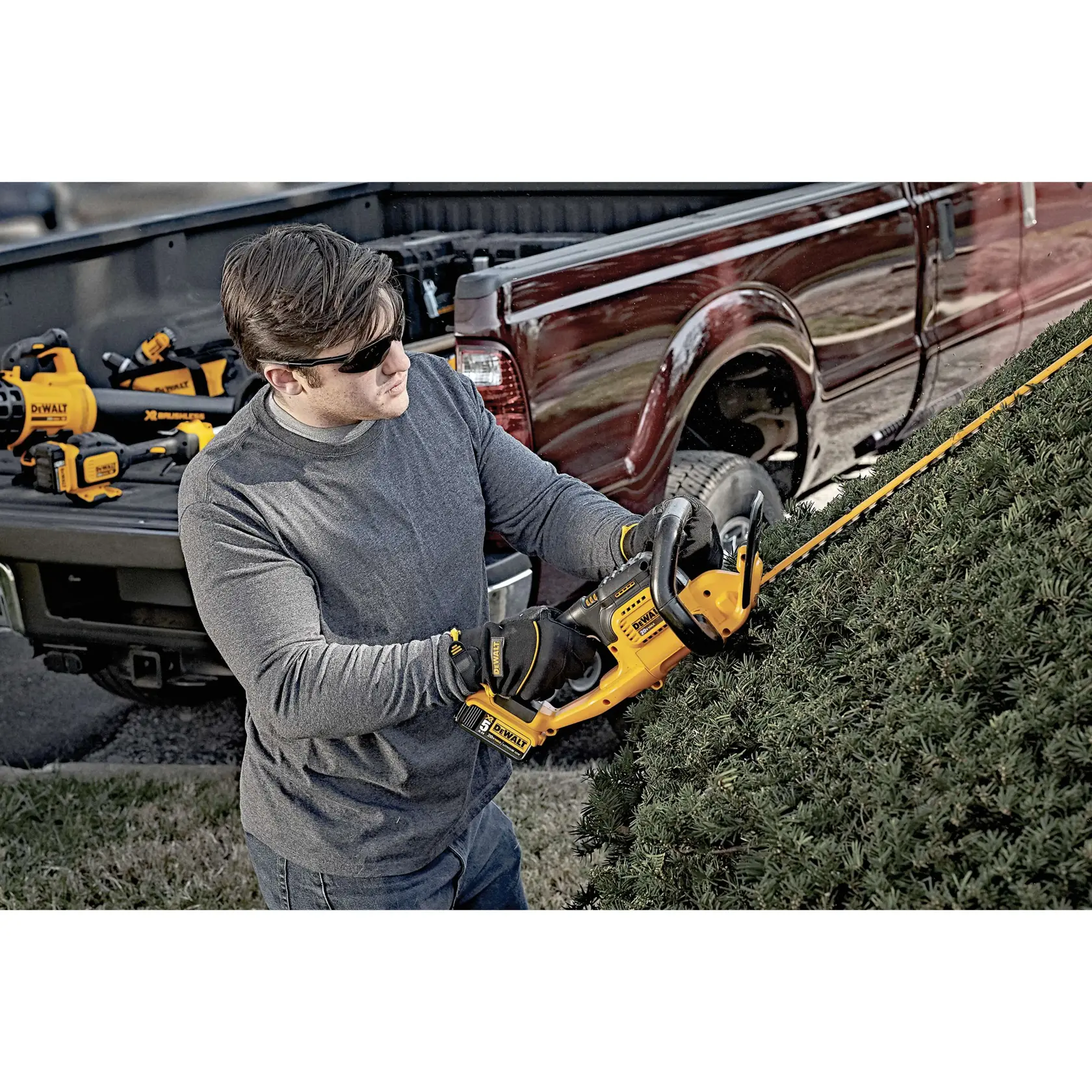 Una persona con guantes y camisa de mangas largas está usando una recortadora de setos inalámbrica DEWALT para recortar un arbusto grande. Se pueden ver varias herramientas eléctricas DEWALT en la parte trasera de una camioneta estacionada cerca. El rostro de la persona está difuminado.