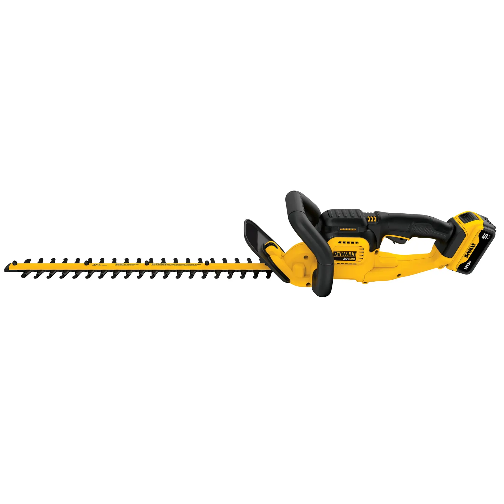 Un cortasetos inalámbrico DEWALT con cuerpo amarillo y negro, batería y mango ergonómico, mostrado sobre un fondo blanco.