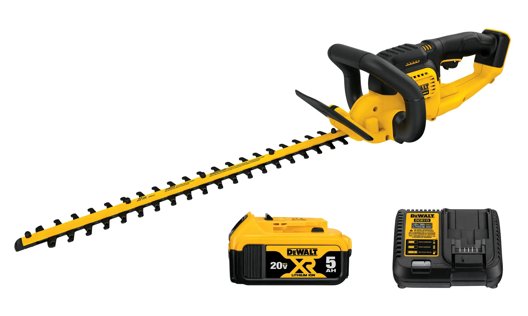 Un cortasetos inalámbrico DEWALT amarillo y negro con una hoja larga, mostrado junto a una batería de 20V de ion-litio y un cargador de batería.