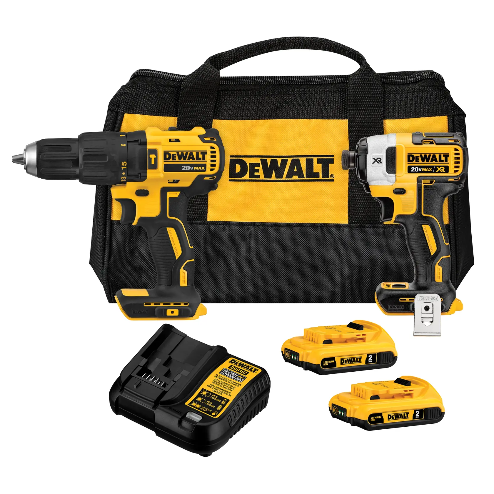Un kit de herramientas DEWALT que incluye un taladro inalámbrico amarillo y negro, un destornillador de impacto, un cargador, dos baterías y una bolsa de transporte a juego con el logotipo DEWALT.
