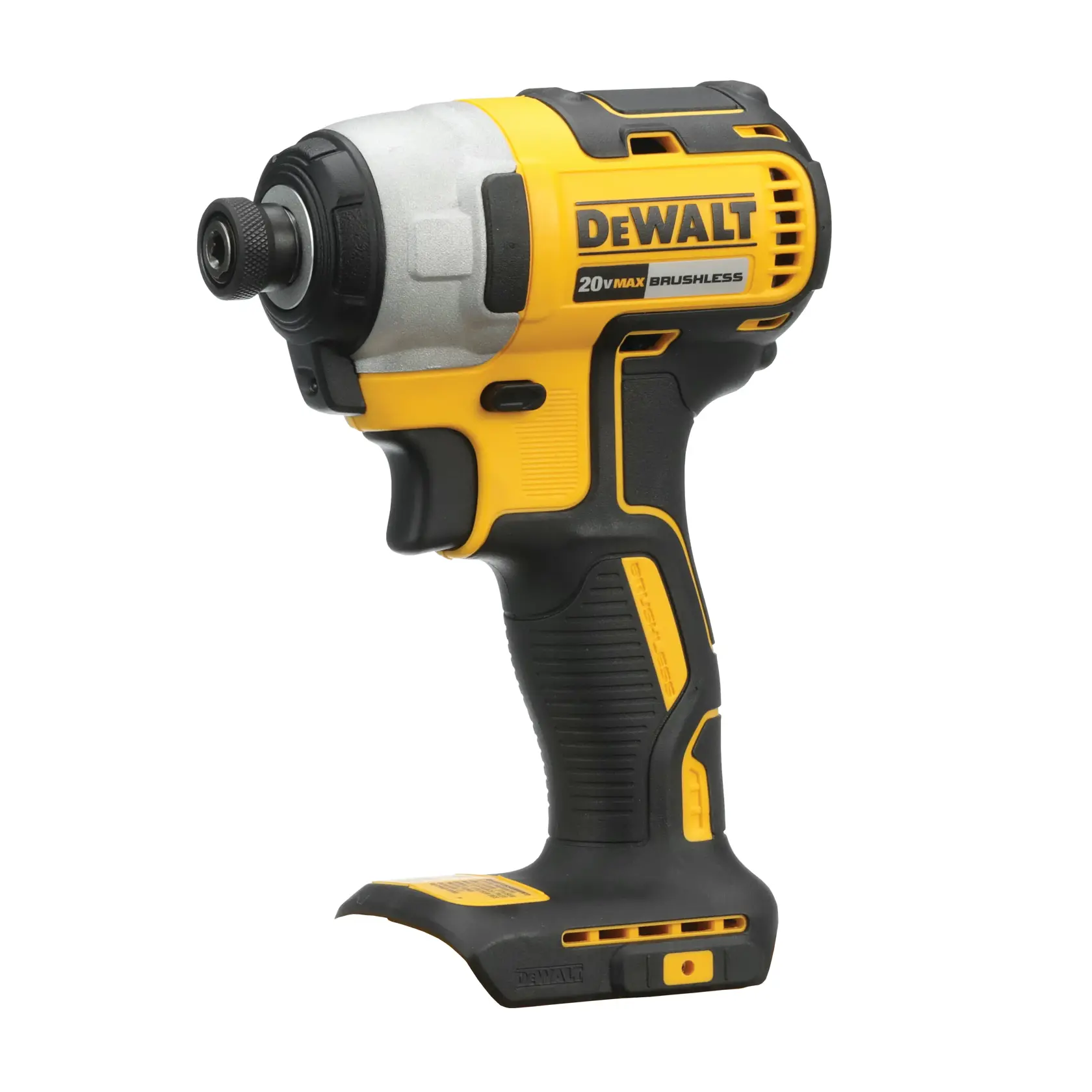 Un destornillador de impacto inalámbrico DEWALT 20V Max sin batería, de color amarillo y negro con agarre ergonómico.