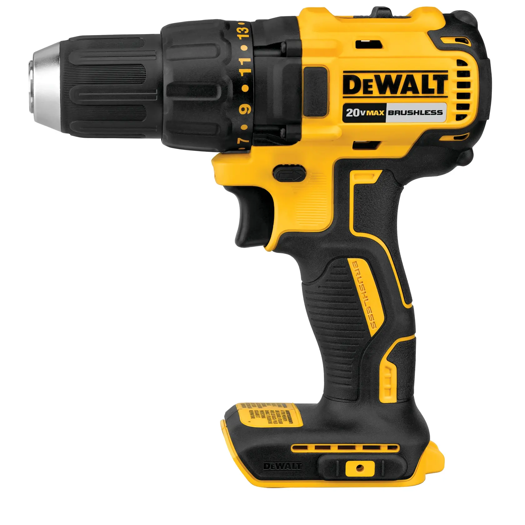 Un taladro inalámbrico DEWALT 20V Max Brushless con diseño amarillo y negro. El producto se muestra sin la batería conectada.
