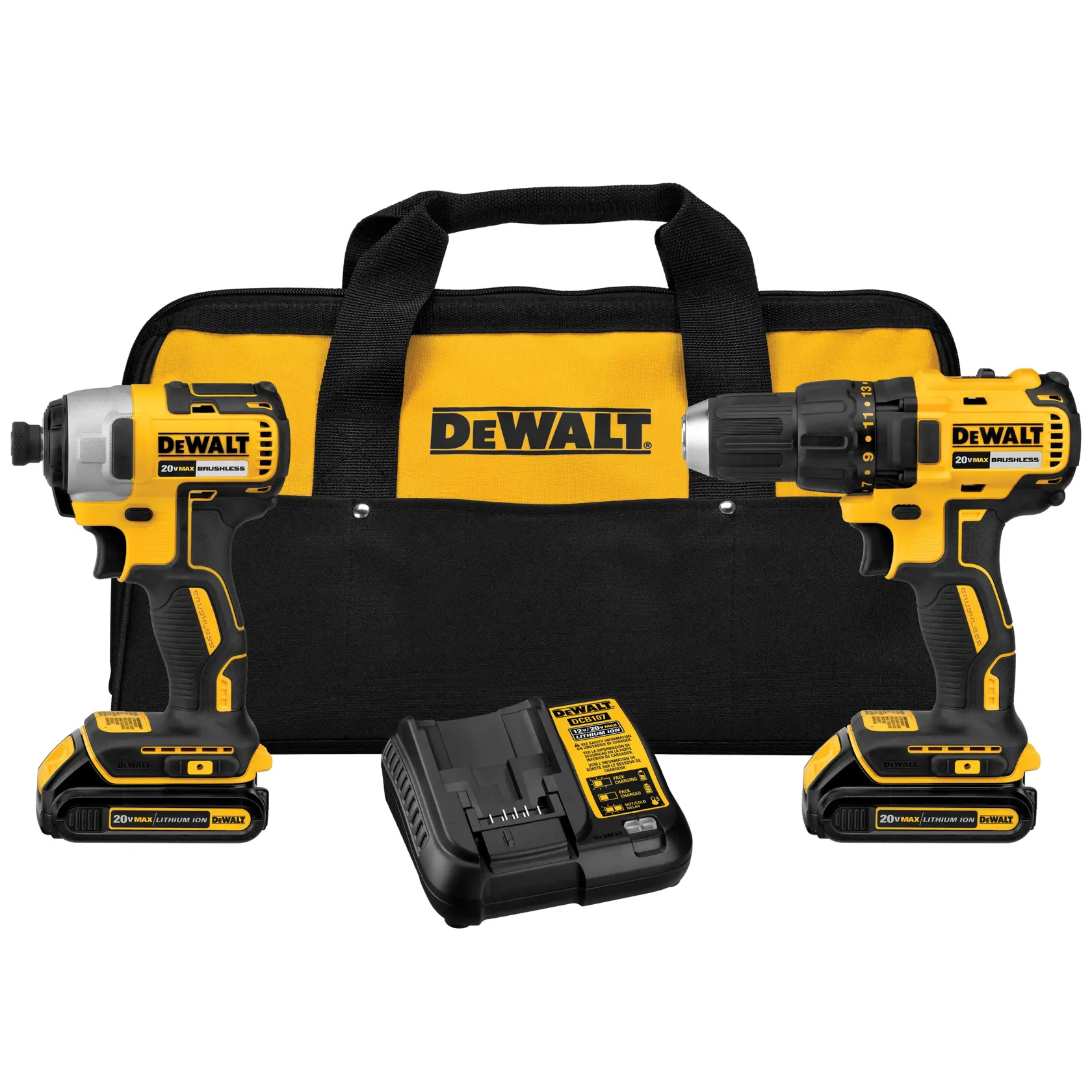 Un destornillador de impacto inalámbrico Dewalt 20V Max sin escobillas con diseño amarillo y negro, fotografiado de lado sobre un fondo blanco.