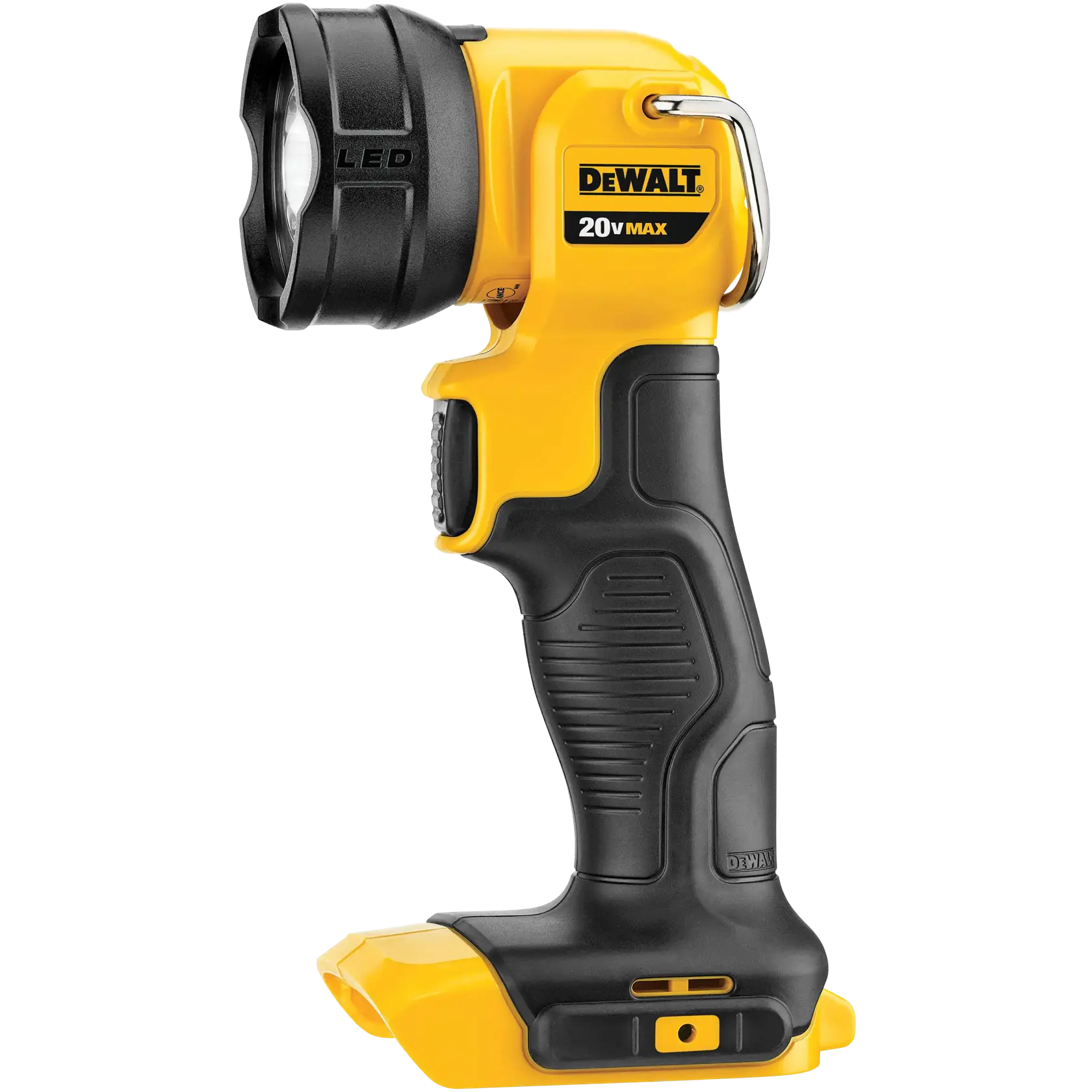 Lámpara de trabajo LED inalámbrica DEWALT 20V MAX con cuerpo amarillo y negro, mango ergonómico y gancho para colgar. Diseñada para funcionar con baterías recargables, se muestra sin batería.