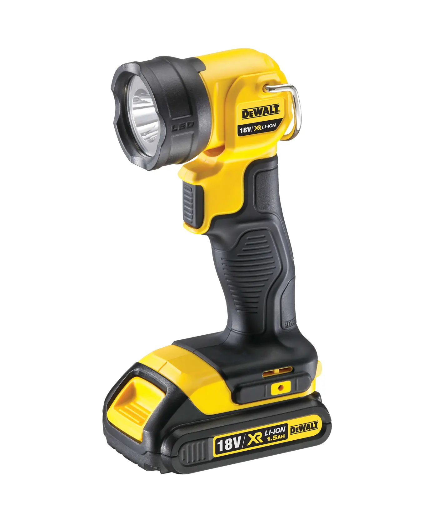 Lámpara LED inalámbrica DEWALT DCL040 18V con mango ergonómico y diseño amarillo-negro.