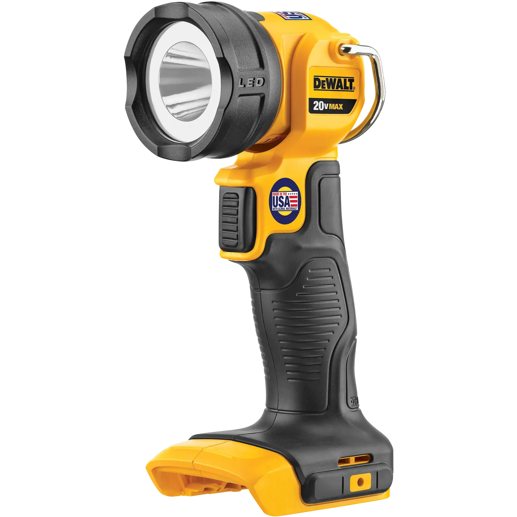 Lámpara de trabajo LED DEWALT DCL040 20V MAX con mango negro y amarillo, mostrada en posición vertical. El producto cuenta con una gran luz LED circular en la parte superior y un agarre ergonómico resistente.