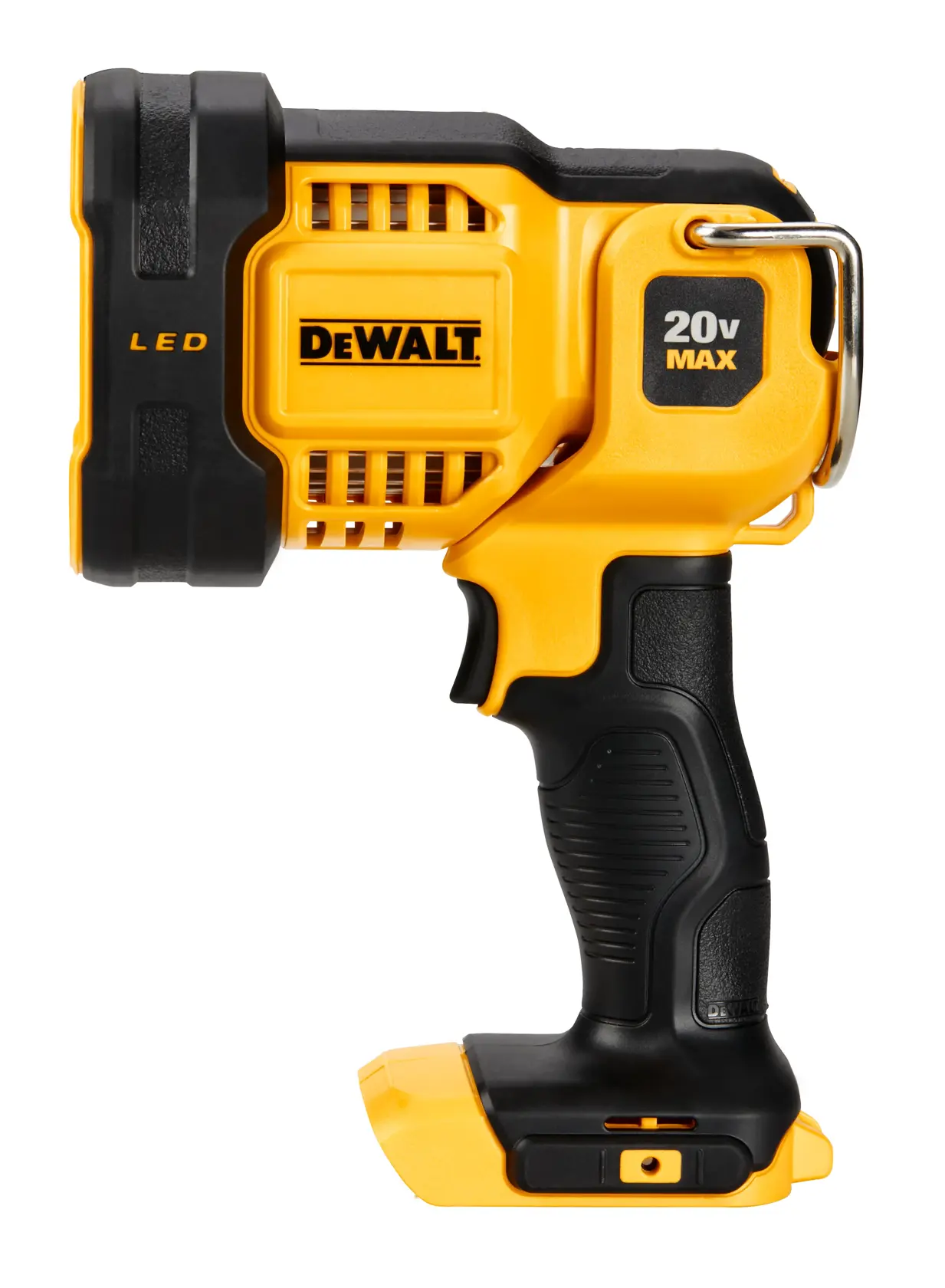 Una lámpara de trabajo LED portátil DEWALT 20V MAX, con diseño ergonómico en negro y amarillo, un mango prominente y compartimento de batería en la parte inferior.