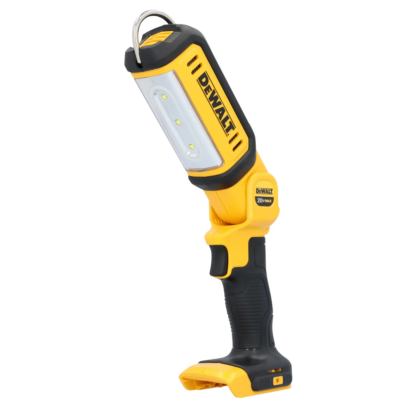 Luz de trabajo LED inalámbrica DEWALT DCL050 en amarillo y negro, con cabeza ajustable, mango ergonómico y gancho de metal para colgar.