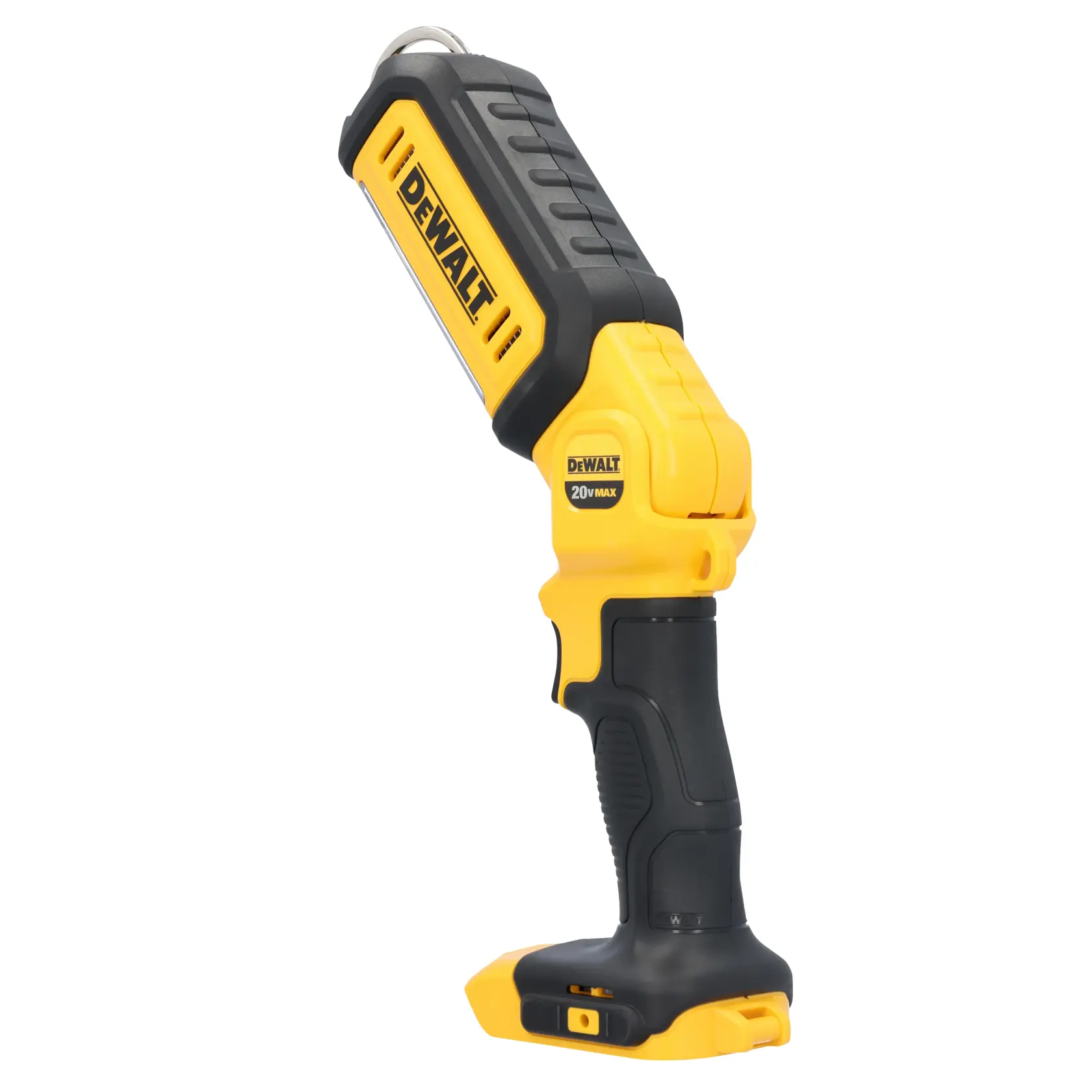 Una lámpara de trabajo LED portátil de la marca DEWALT, con un diseño en colores amarillo y negro y un mango ergonómico. La cabeza de la lámpara es ajustable y tiene el logo DEWALT en el costado. Se muestra sin batería.