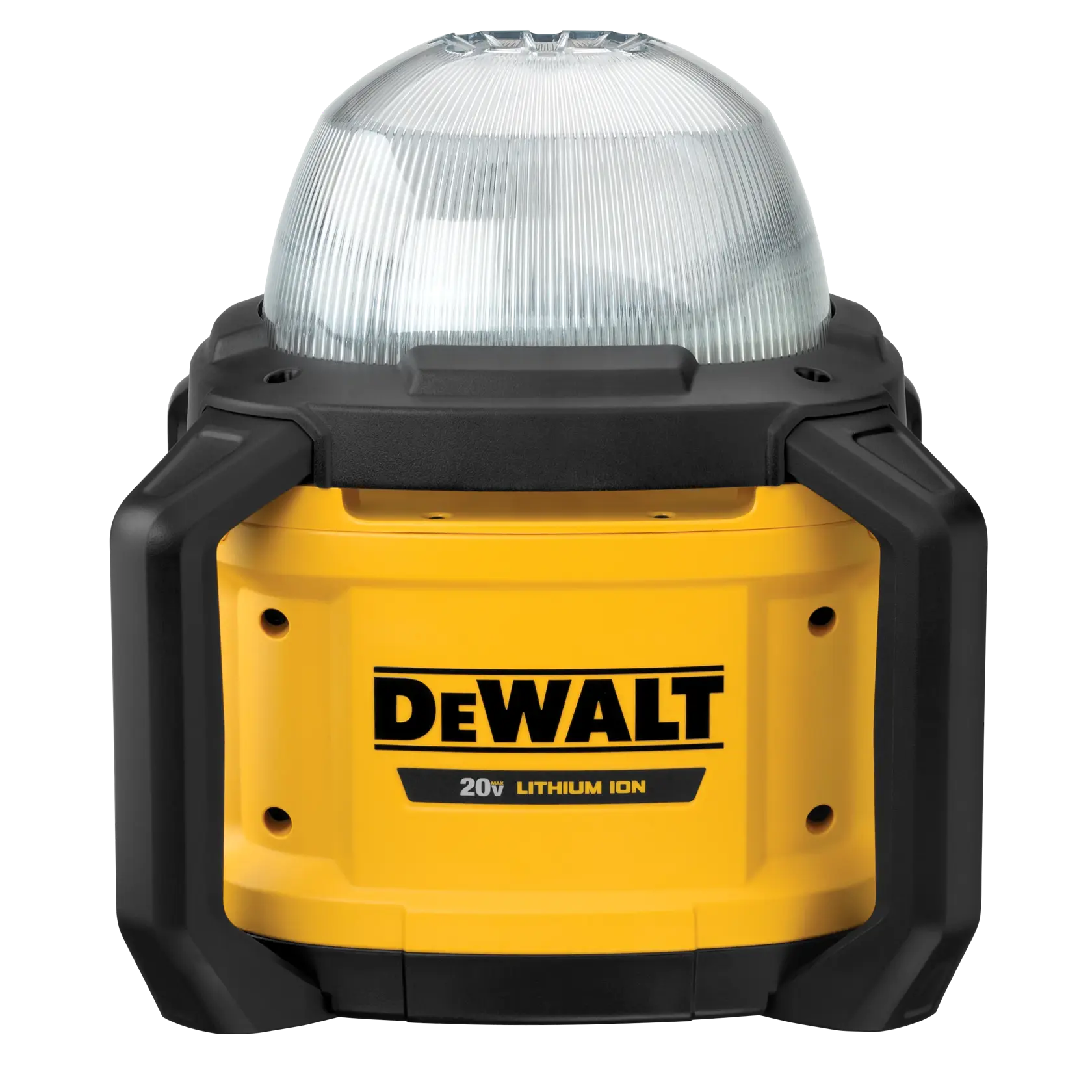 Una lámpara de trabajo LED portátil de la marca DEWALT con carcasa amarilla y negra y una lente transparente en forma de cúpula, diseñada para su uso con una batería de ion de litio de 20V.