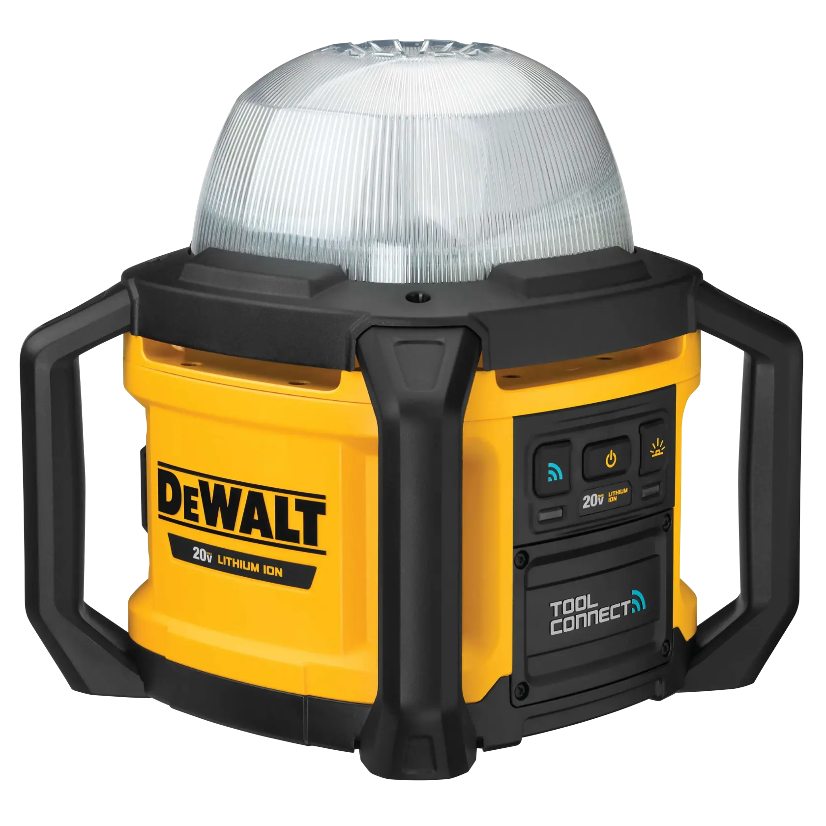 Una lámpara de trabajo LED portátil amarilla y negra de la marca DEWALT con lente en forma de cúpula, asas resistentes y panel de control con la etiqueta 'Tool Connect' para funciones de conectividad. Funciona con una batería de iones de litio de 20V.