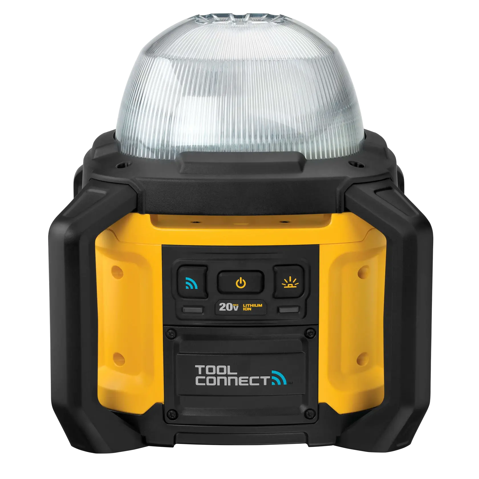 Vista frontal de una lámpara de trabajo LED portátil DEWALT con lámpara en forma de cúpula y carcasa robusta de color amarillo y negro. El panel de control muestra controles de conectividad y luz, además de las inscripciones 'Tool Connect' y '20V Lithium Ion'.
