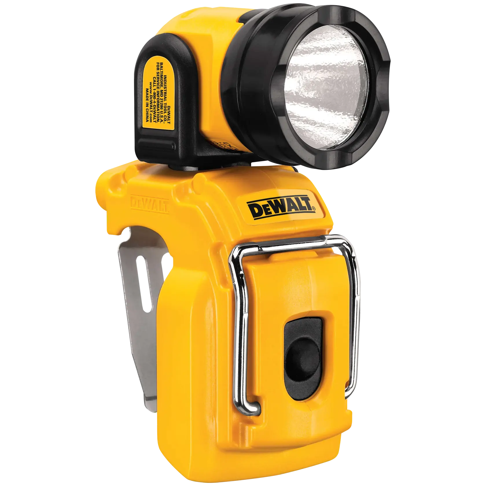 Lámpara de trabajo portátil DEWALT amarilla y negra con clip de metal y cabeza ajustable, modelo DCL510.