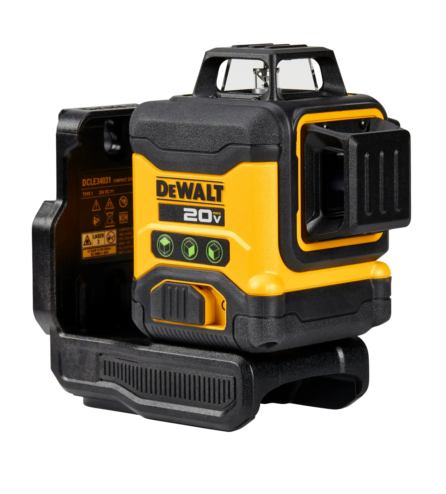 Una herramienta de nivel láser profesional DEWALT 20V en amarillo y negro, diseñada para una alineación y nivelación precisa en aplicaciones de construcción o fotografía.