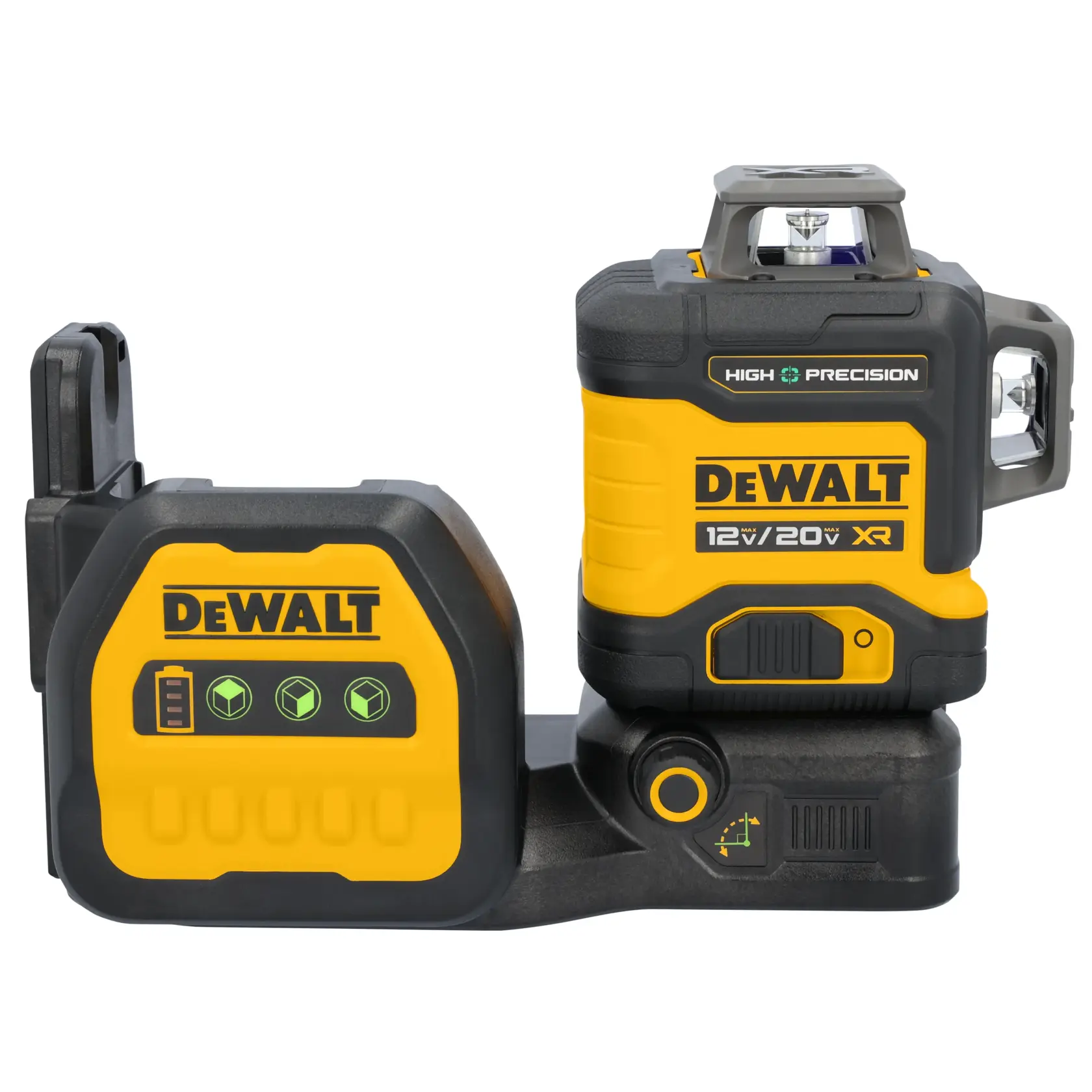 Dispositivo de nivel láser de alta precisión DEWALT 12V/20V XR, con diseño amarillo y negro, luces indicadoras y marca en el frente.