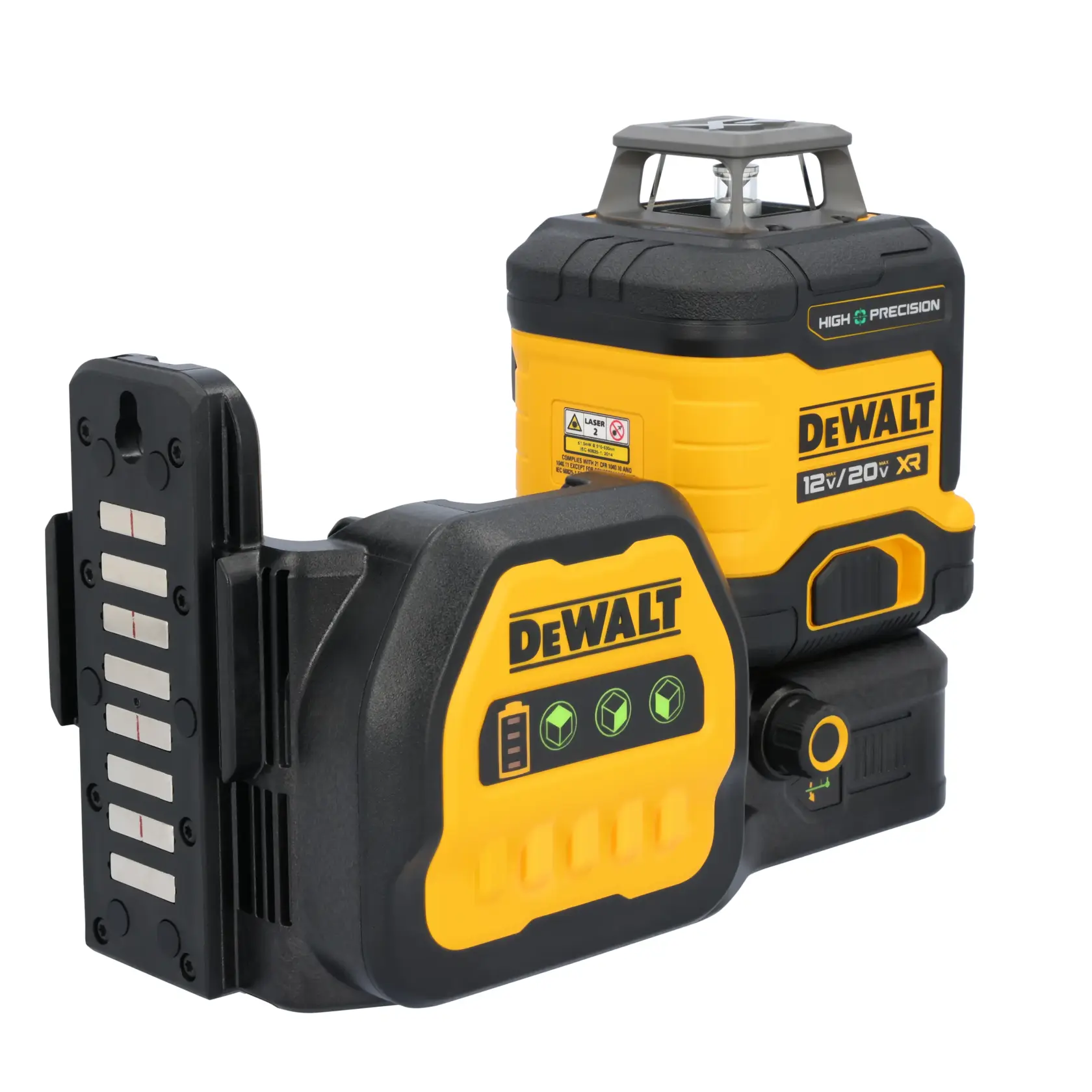 Un nivel láser de alta precisión DEWALT, modelo DCLE34033D1, mostrado con su carcasa amarilla y negra y panel de control digital. El dispositivo está diseñado para aplicaciones de construcción y fotografía, e incluye un soporte de montaje.