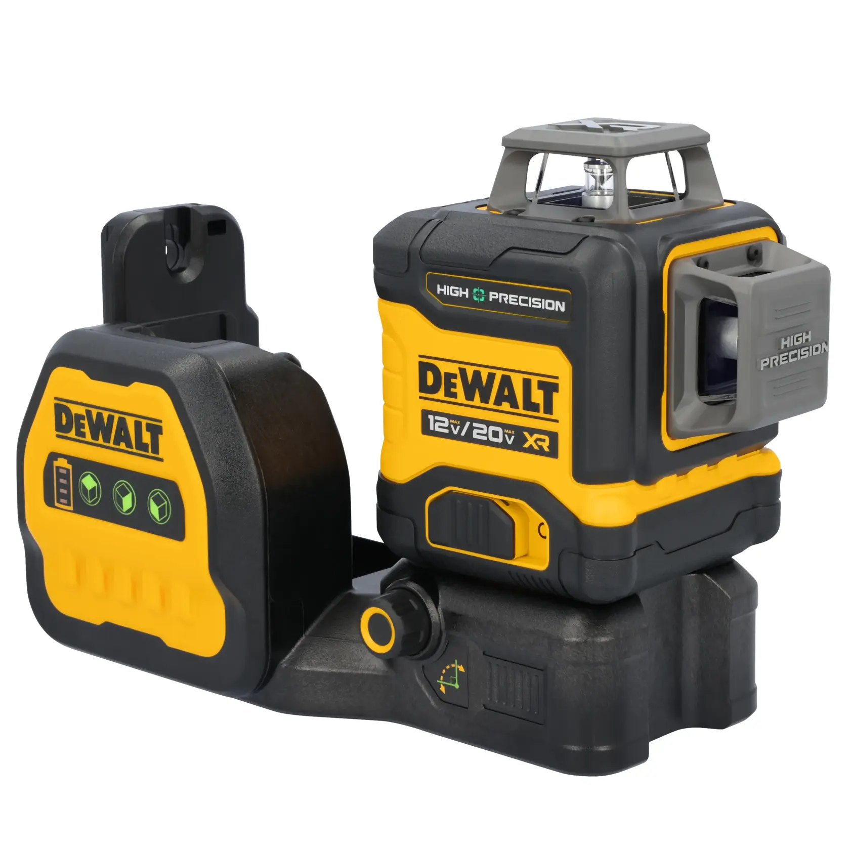 Un nivel láser de alta precisión DEWALT con diseño amarillo y negro. El modelo cuenta con una batería recargable de 12V/20V XR, botones de control y está montado sobre una base resistente para alineación precisa en trabajos de construcción o fotografía.