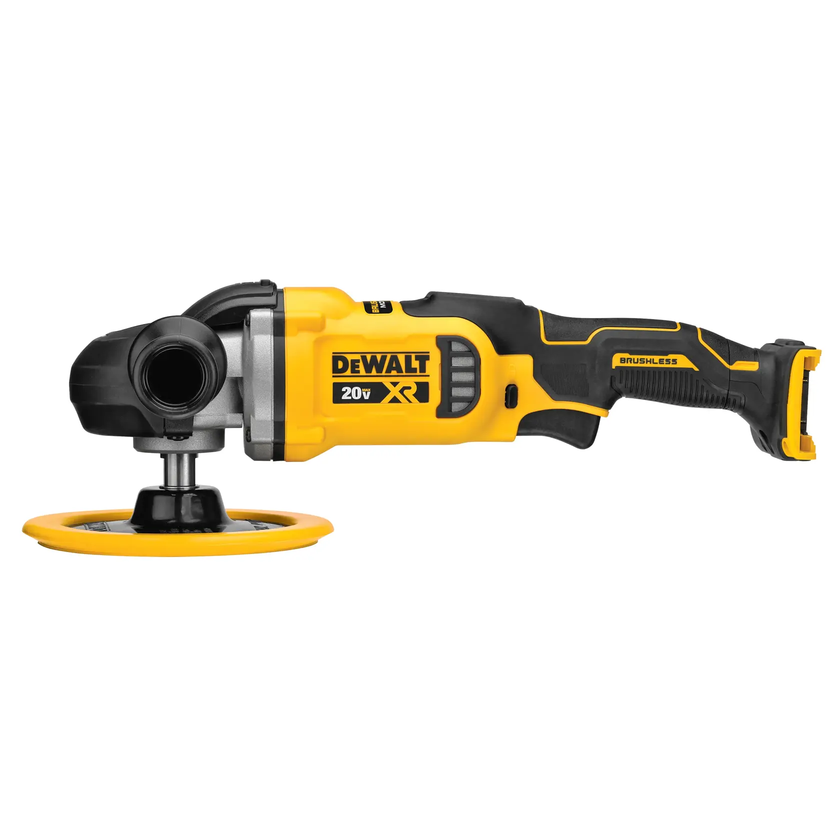 Una pulidora inalámbrica DEWALT 20V XR sin escobillas, en colores amarillo y negro, con ranura para batería desmontable y almohadilla de pulido redonda.