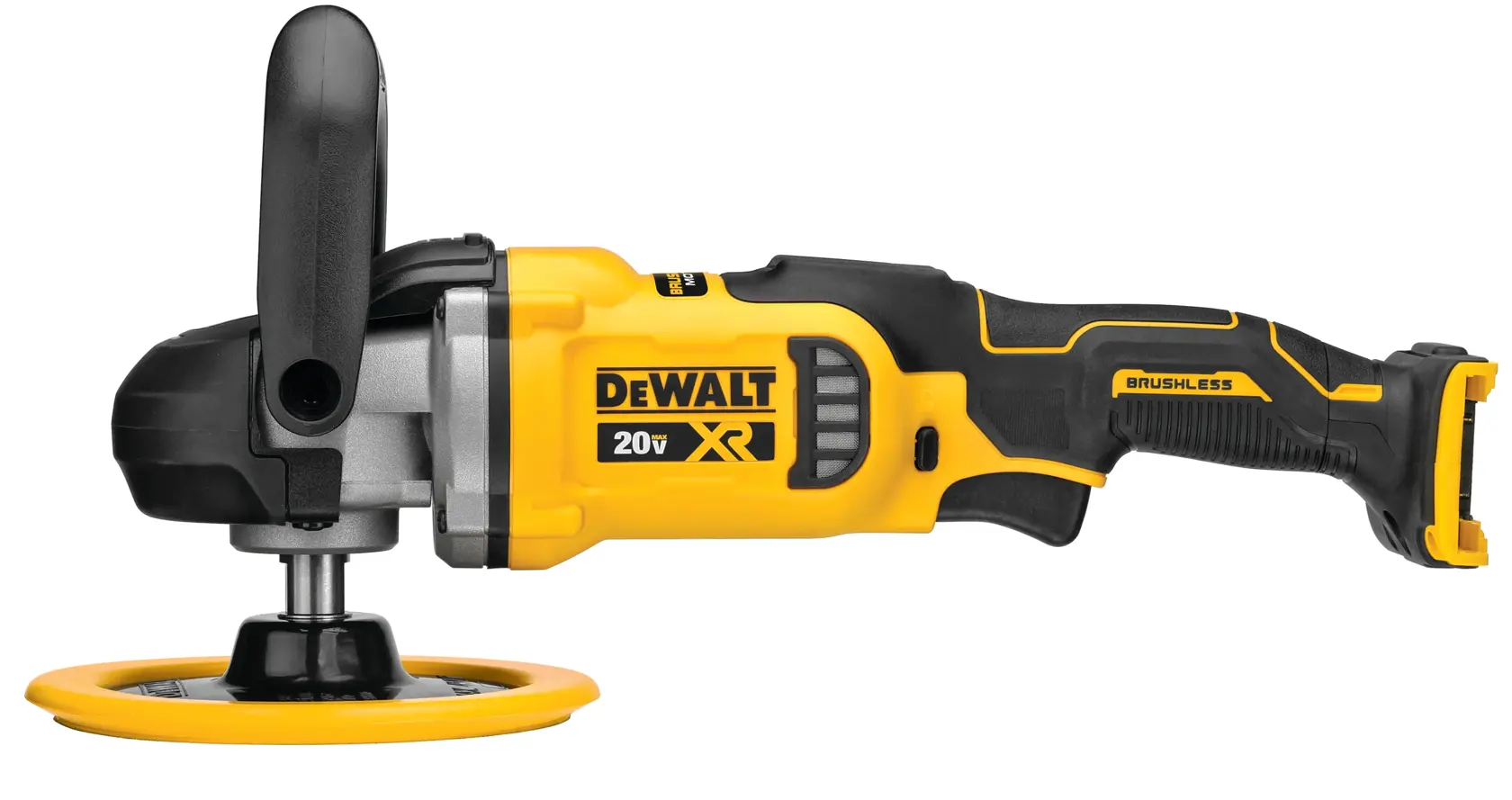 Un pulidor inalámbrico DEWALT 20V XR sin escobillas con mango lateral, mostrado en colores amarillo y negro, fotografiado sobre fondo blanco.