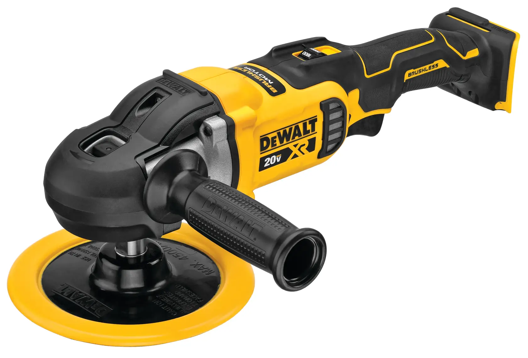 Una herramienta pulidora rotatoria inalámbrica DEWALT con diseño amarillo y negro, que incluye un mango lateral y una almohadilla circular de pulido.