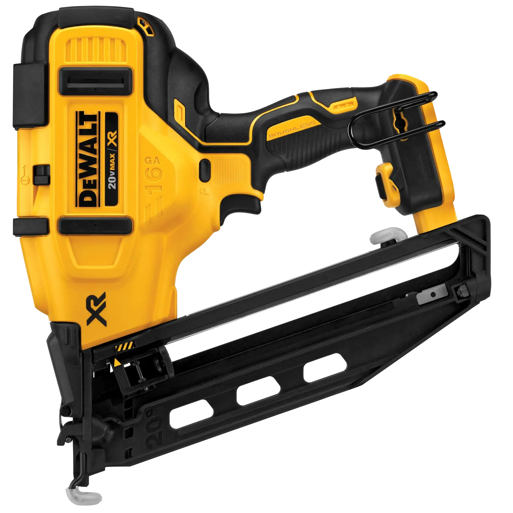 Una clavadora inalámbrica DEWALT 20V MAX XR para acabado, con diseño amarillo y negro, motor sin escobillas y mango ergonómico, destinada a sujetar molduras y acabados.
