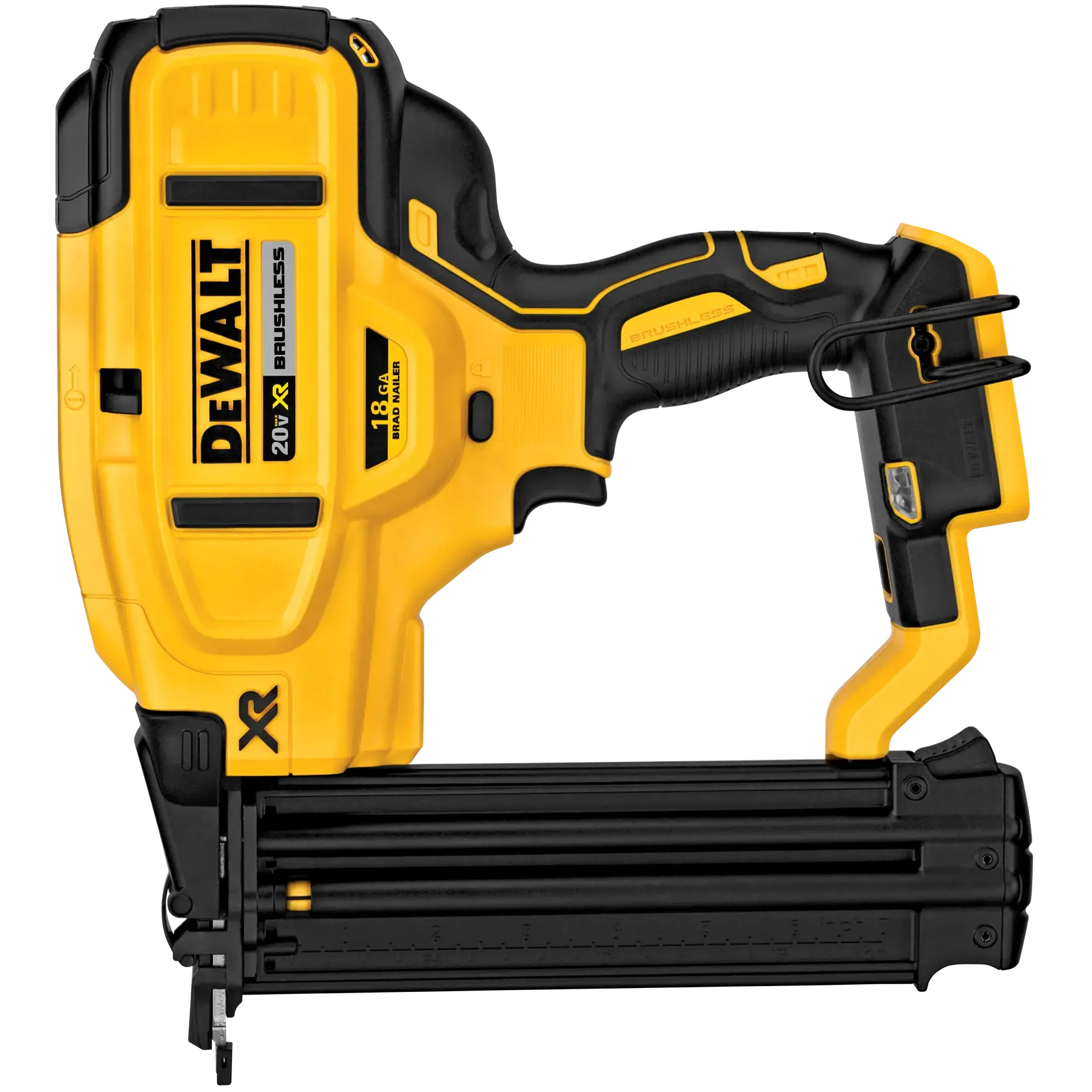 Una clavadora DEWALT 20V XR Brushless, modelo DCN680B, con un diseño inalámbrico amarillo y negro utilizada para colocar clavos en proyectos de carpintería y construcción.