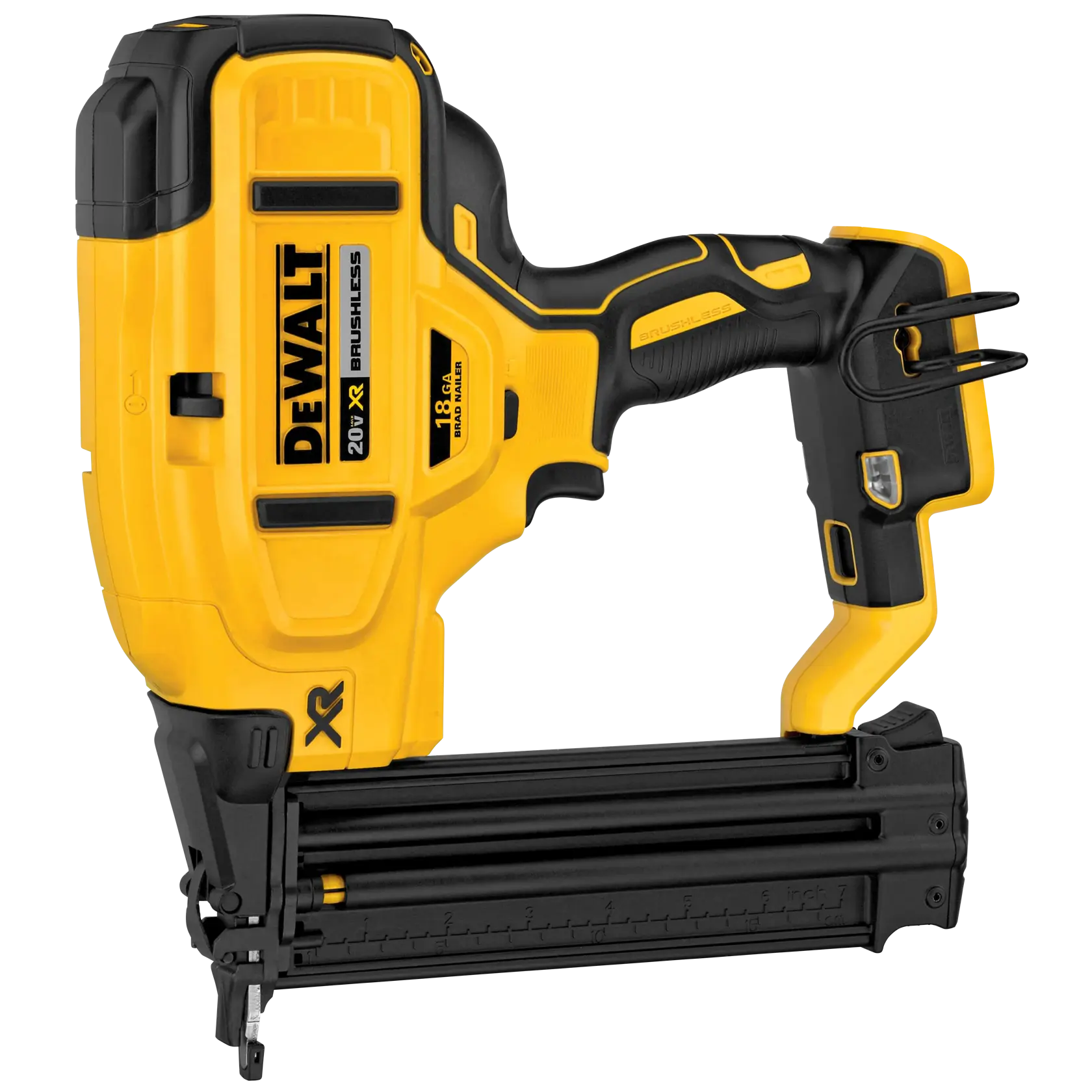 Una clavadora inalámbrica DEWALT 20V XR Brushless de calibre 18, mostrada en color amarillo y negro. La herramienta está diseñada para fijaciones precisas en proyectos de carpintería.