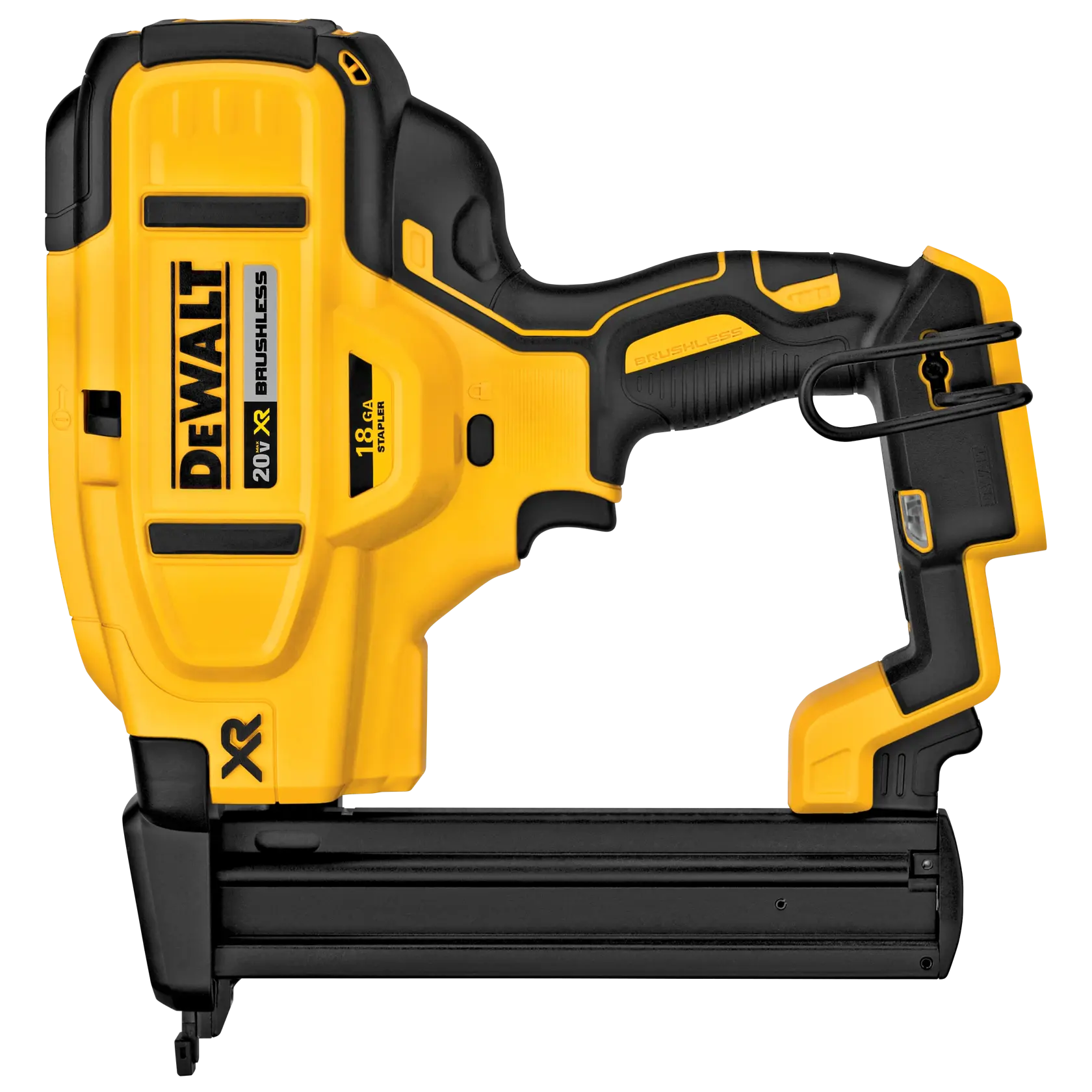 Se muestra una pistola de clavos inalámbrica DEWALT 20V XR brushless en la imagen. La herramienta es de color amarillo y negro, diseñada para fijaciones precisas y presenta un mango ergonómico.