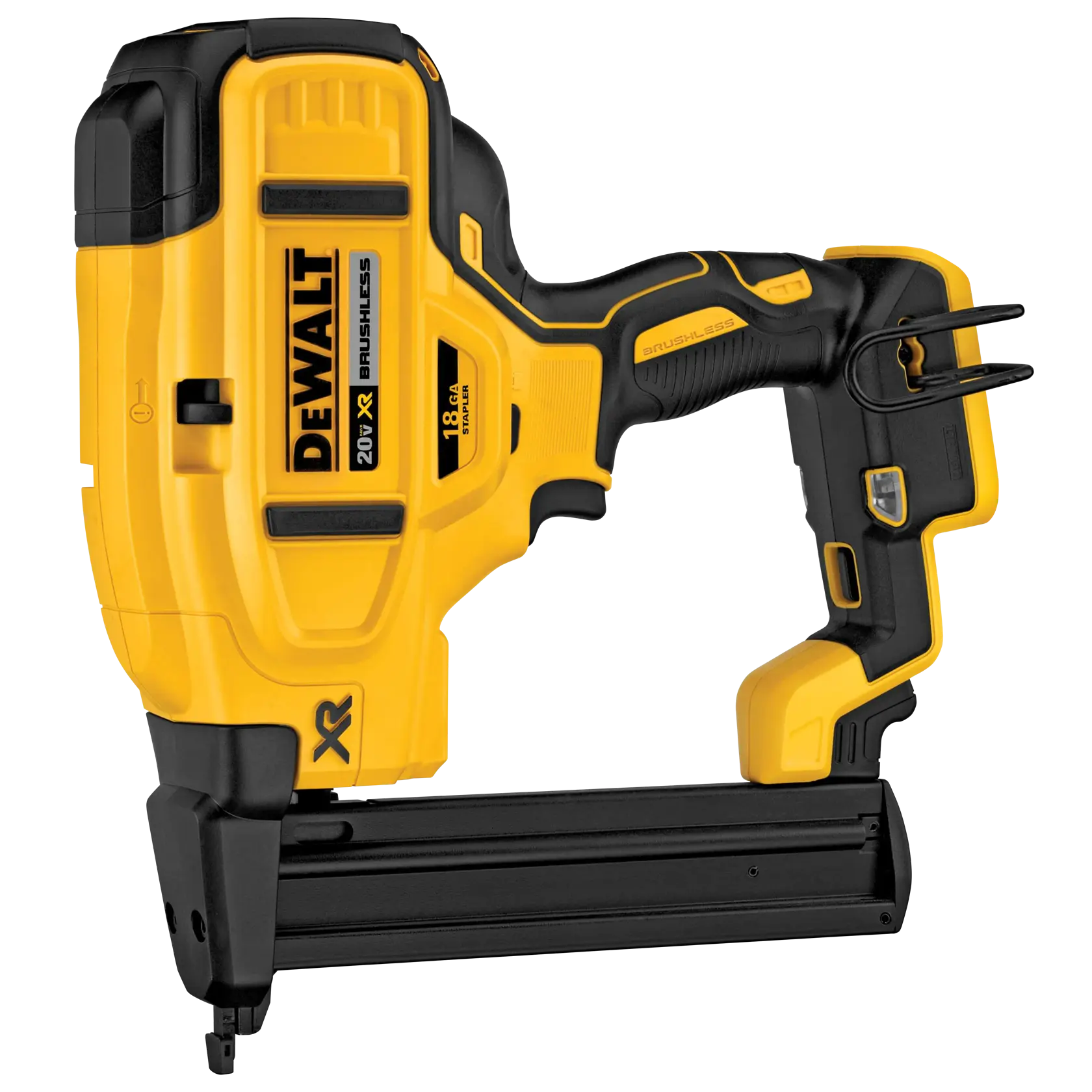 Clavadora inalámbrica DEWALT 20V XR sin escobillas, de color amarillo y negro, con mango ergonómico y cargador de clavos.