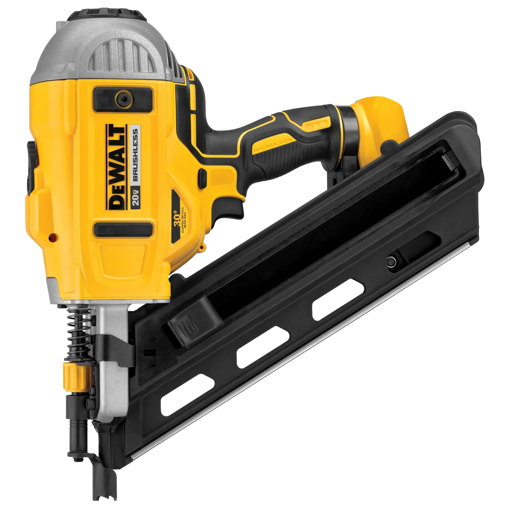 Se muestra una clavadora inalámbrica para estructuras DEWALT 20V brushless. Tiene un cuerpo amarillo y negro con un agarre cómodo y un cargador inclinado para clavos.