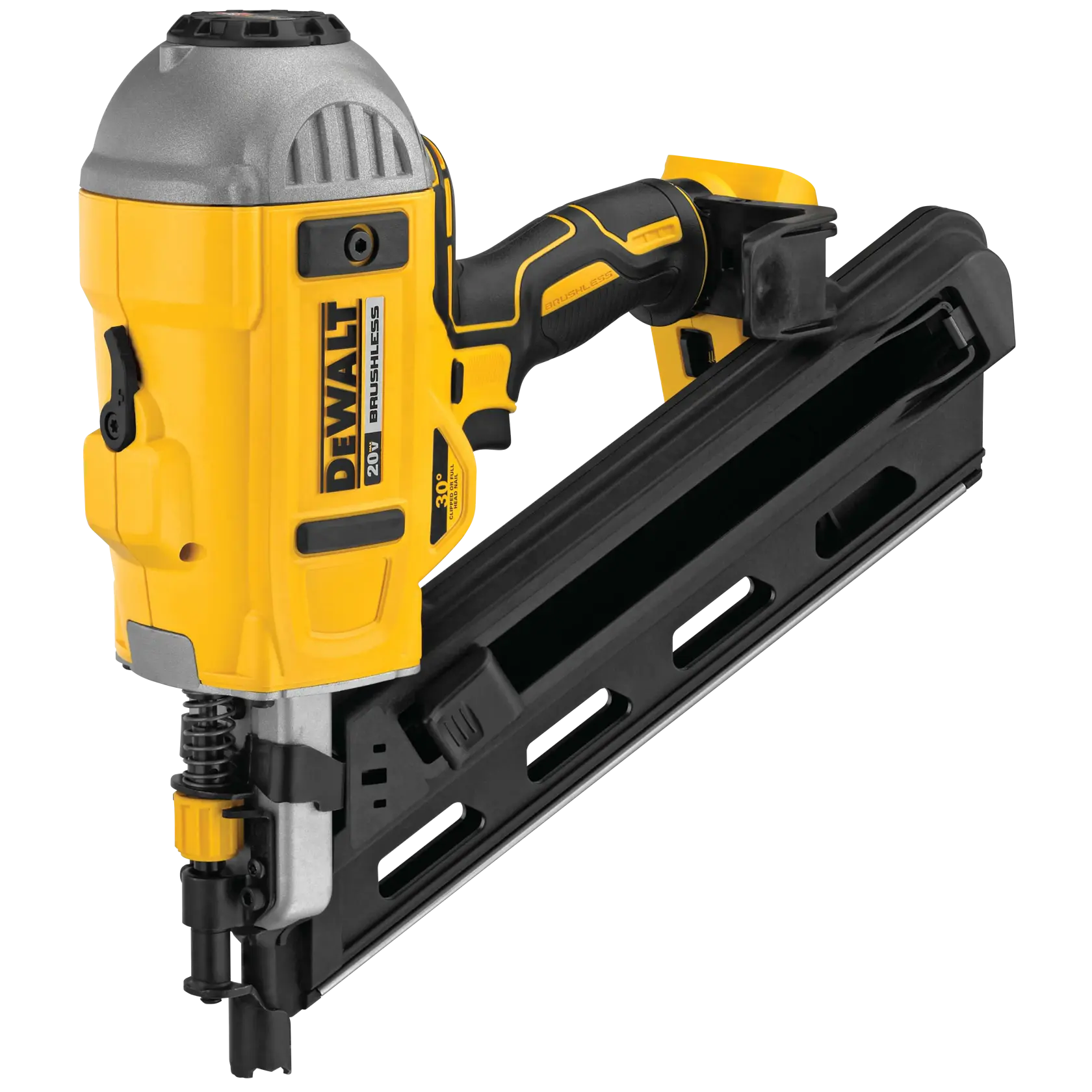 Una clavadora inalámbrica DEWALT de 20V brushless para estructuras, de color amarillo y negro, con un cargador inclinado a 30 grados.