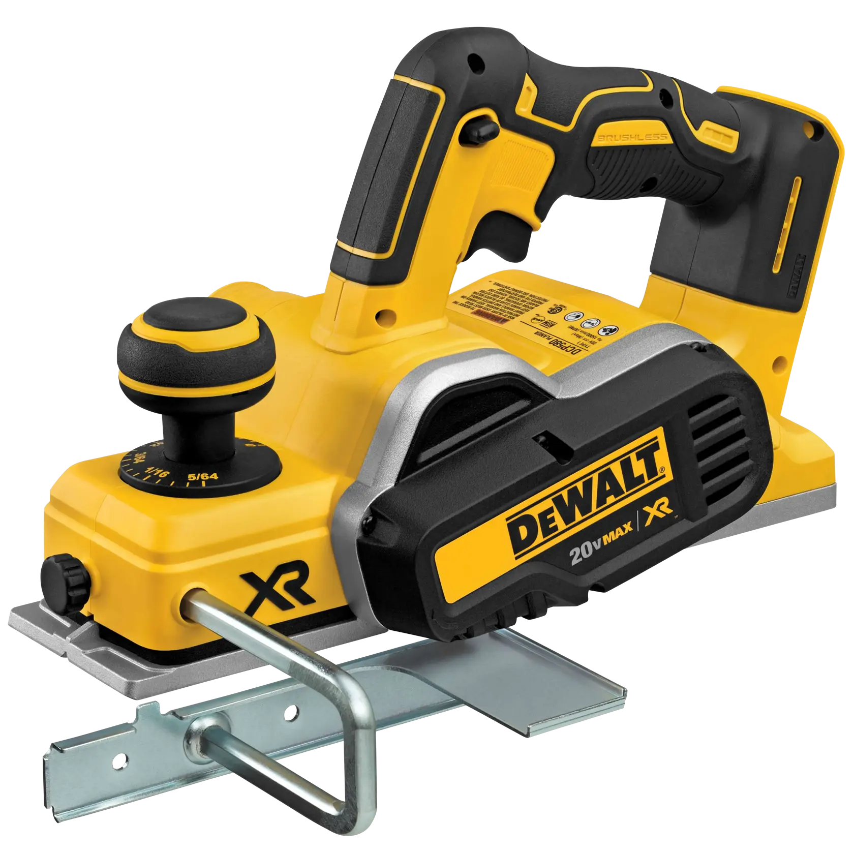 Cepillo eléctrico inalámbrico de mano en amarillo y negro, con la marca DEWALT, cuenta con batería 20V MAX XR y mango ergonómico.