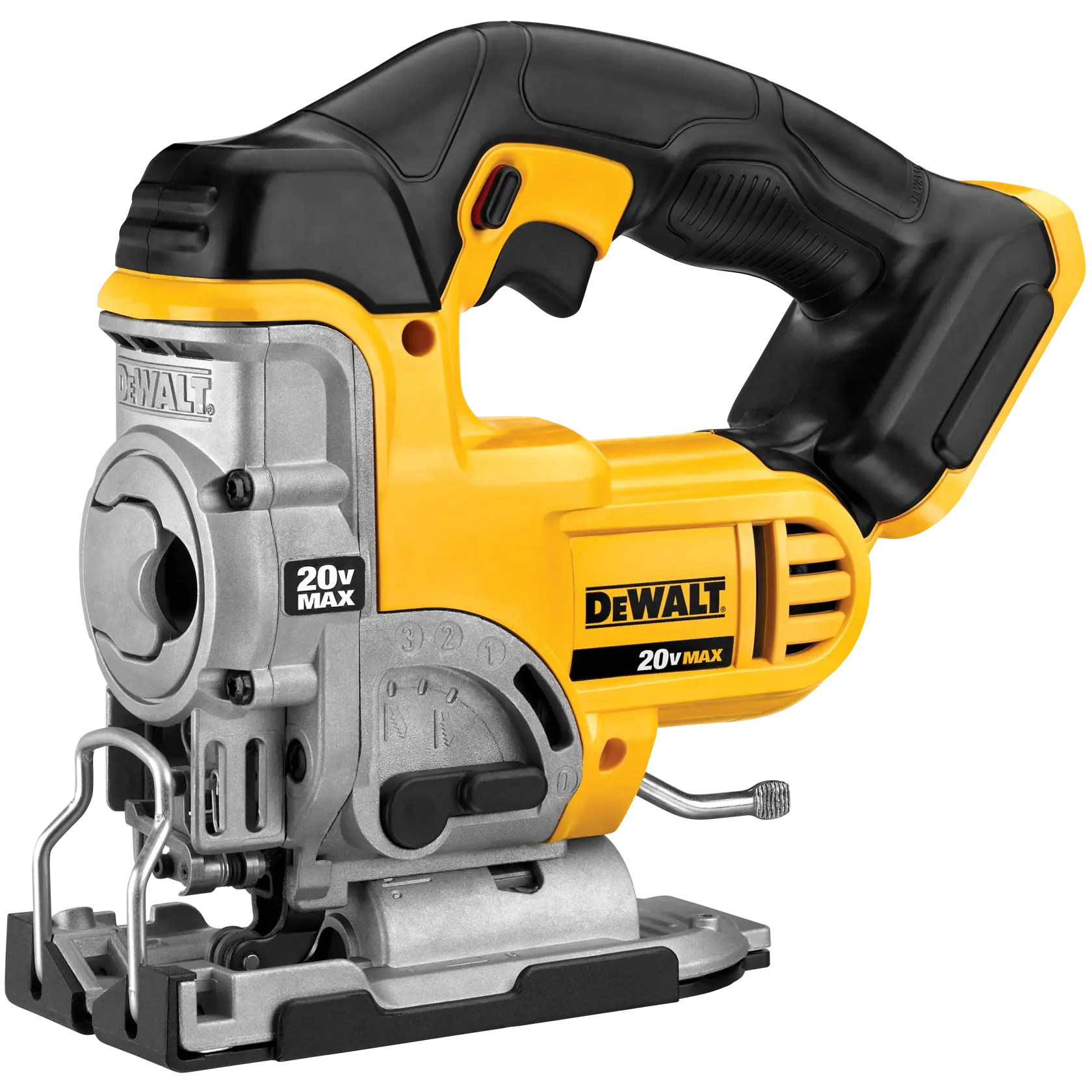 Una caladora inalámbrica DEWALT 20V MAX con cuerpo amarillo y negro, mango ergonómico y base metálica, adecuada para trabajos de corte preciso.