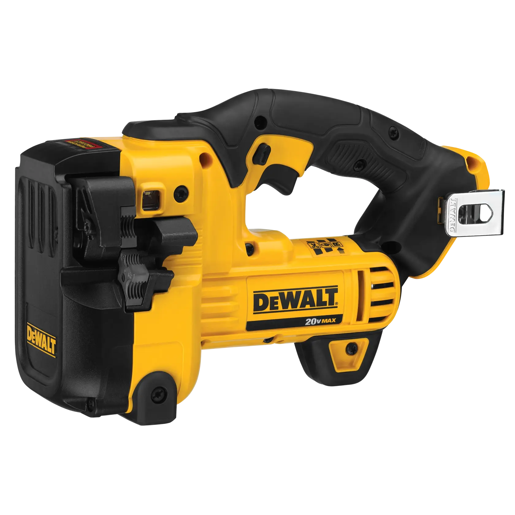 Un cortador de varilla roscada inalámbrico DEWALT 20V MAX, con diseño amarillo y negro, mango ergonómico y clip de cinturón de metal.