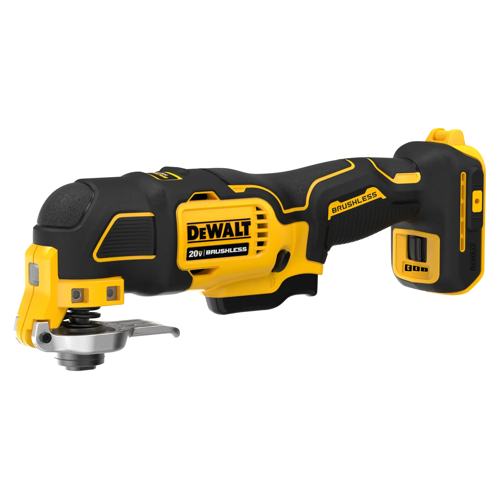 Una herramienta multiusos oscilante inalámbrica DEWALT 20V brushless, con diseño ergonómico negro y amarillo, mostrada sobre fondo blanco.