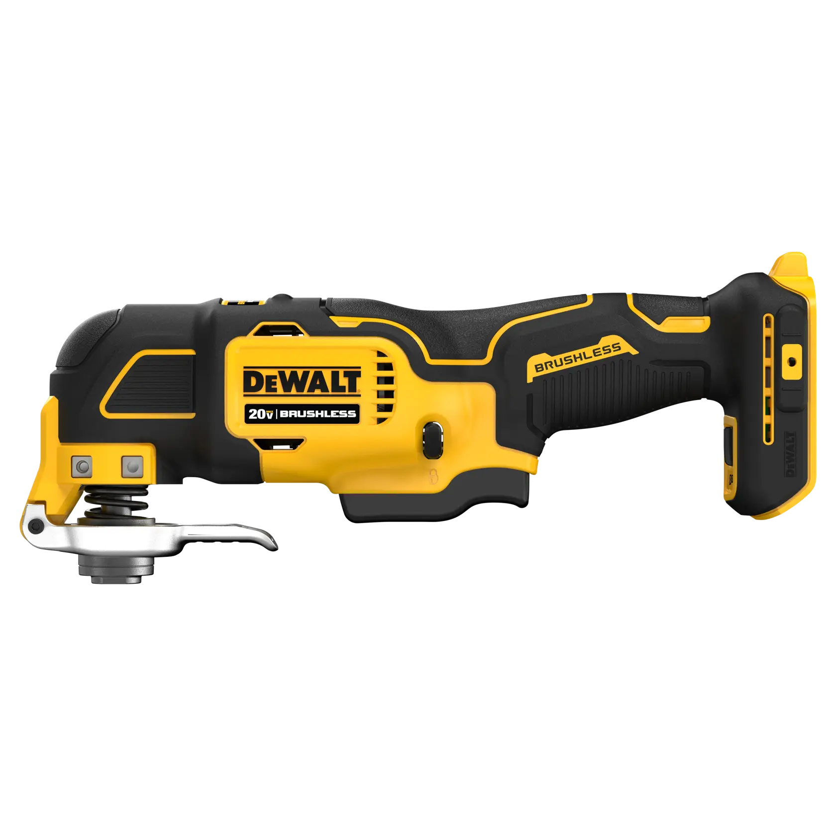 Herramienta multifuncional oscilante inalámbrica DEWALT 20V brushless, vista de lado. La herramienta es mayormente amarilla y negra, con el logo de DEWALT visible en el cuerpo.