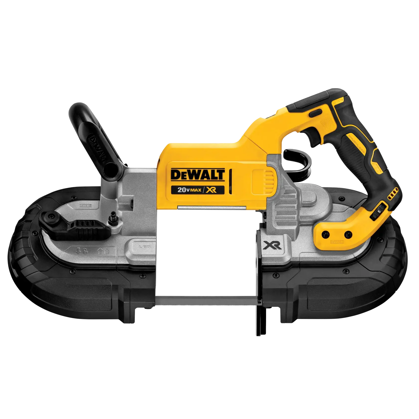 Una sierra de banda portátil inalámbrica DEWALT 20V MAX XR con diseño amarillo y negro, equipada con mango y gatillo, hoja de corte de metal y protectores.