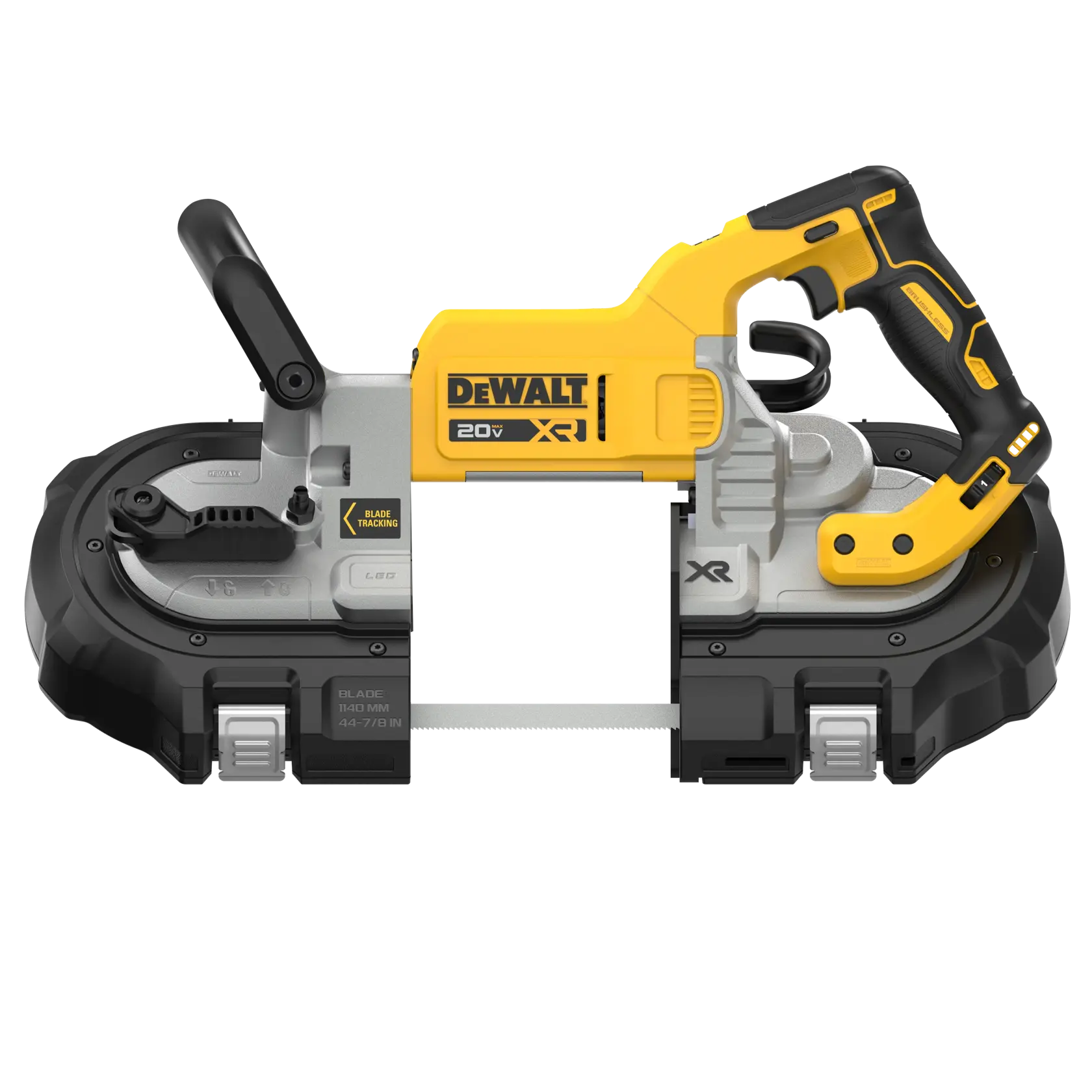 Una sierra de banda portátil inalámbrica DEWALT 20V XR, de diseño amarillo y negro, con mango ergonómico y ajuste para el seguimiento de la hoja, ideal para cortar tubos y materiales metálicos.