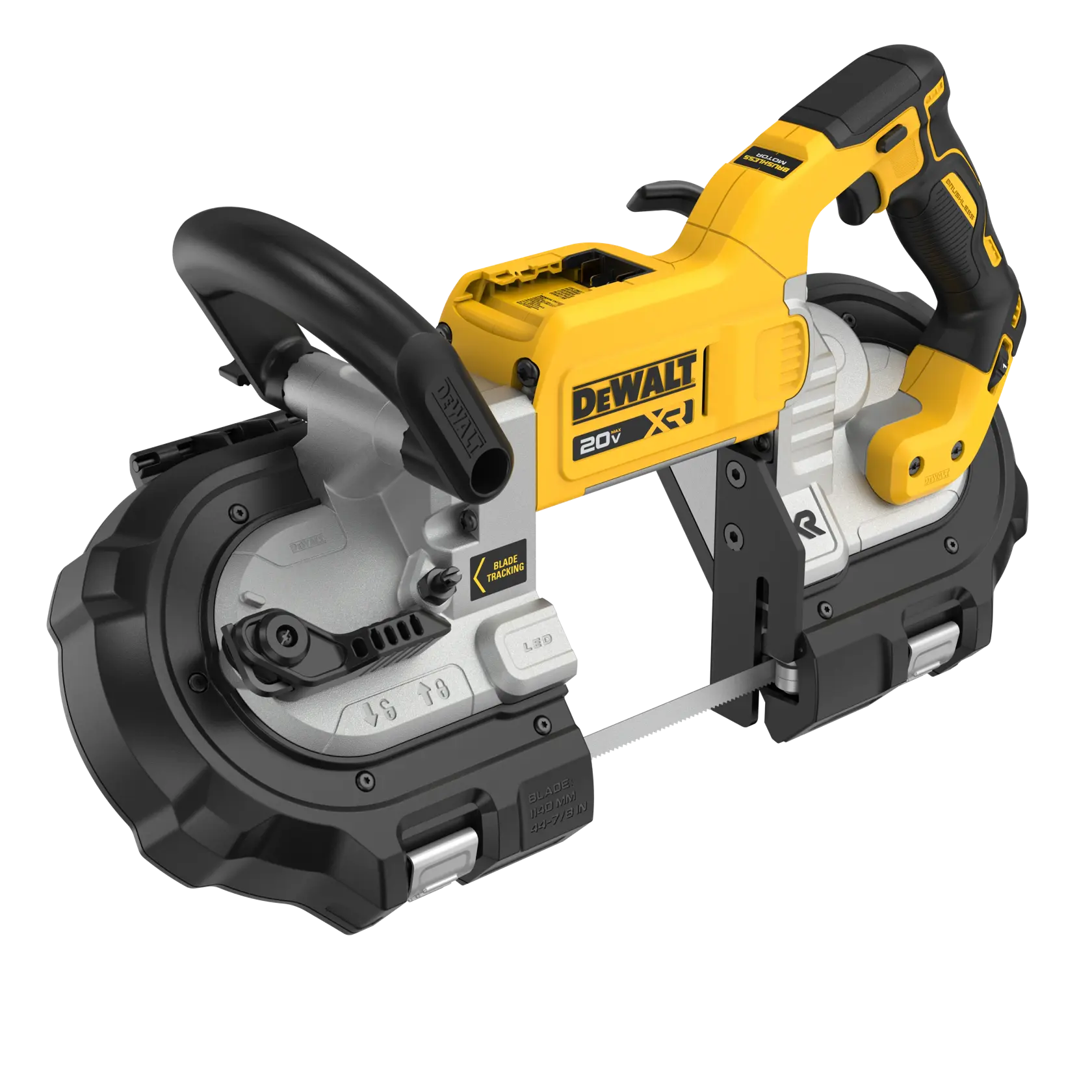 Una sierra de banda portátil inalámbrica DEWALT DCS374B 20V con diseño amarillo y negro, que tiene dos asas y una hoja de corte metálica.
