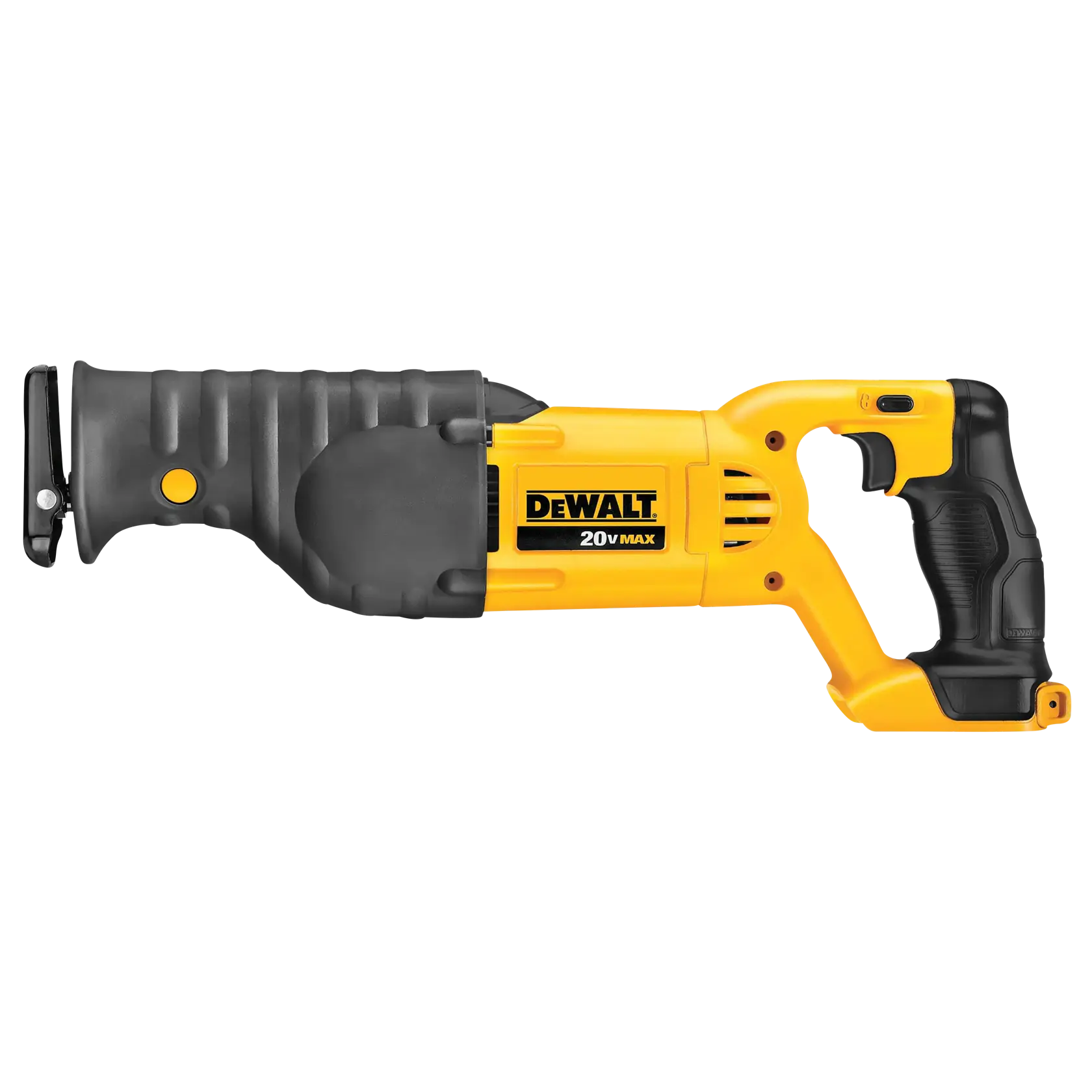 Una sierra recíproca inalámbrica DEWALT 20V MAX con cuerpo amarillo y negro, fotografiada sobre fondo blanco.
