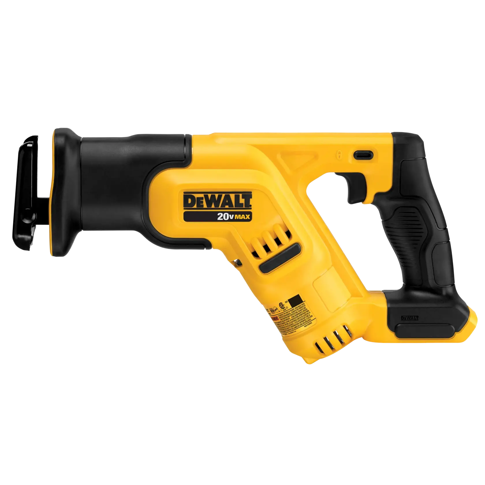 Sierra recíproca inalámbrica DEWALT 20V MAX con diseño amarillo y negro, mostrada sobre fondo blanco.