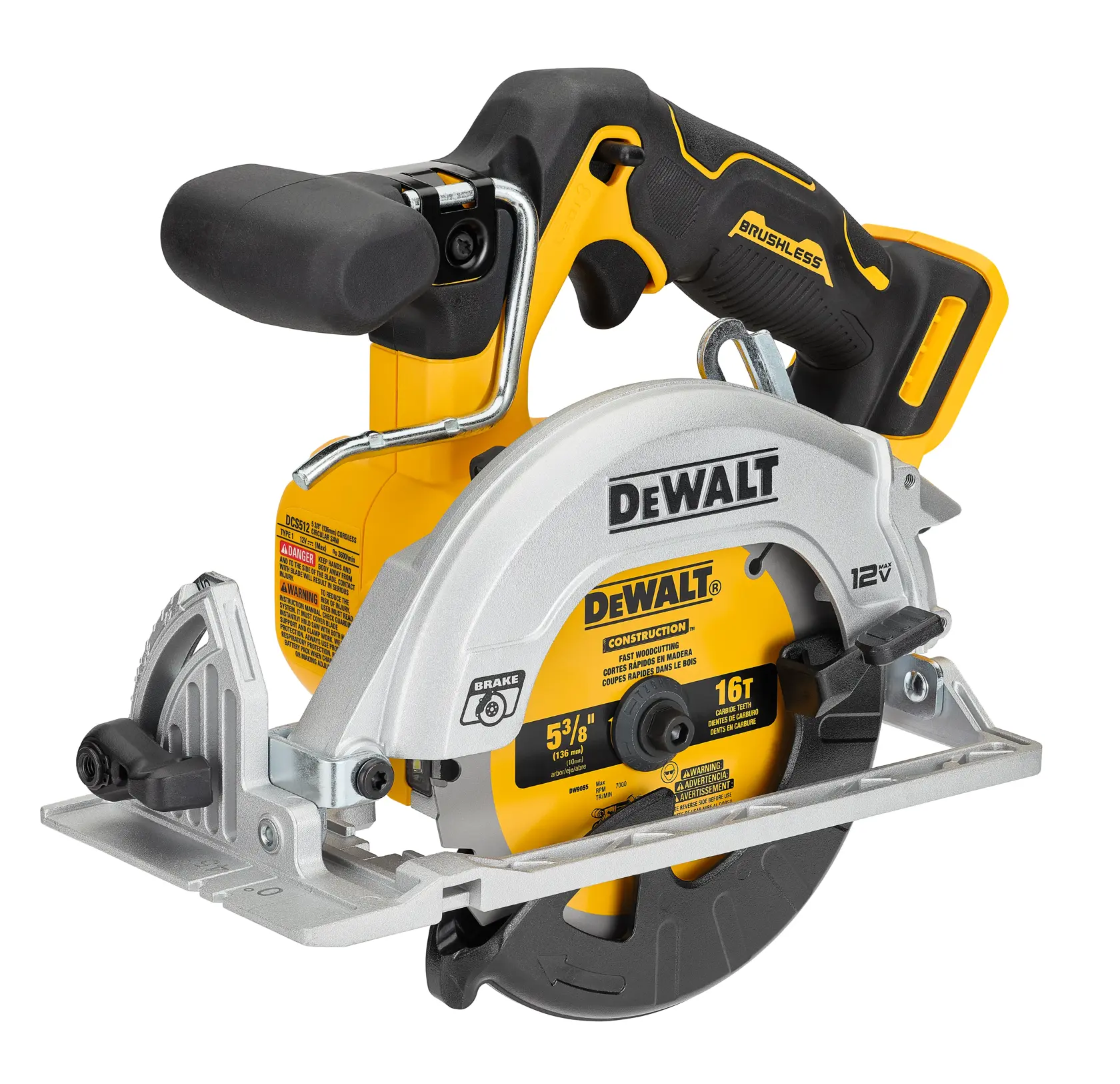 Una sierra circular inalámbrica DEWALT de 12V con mango amarillo y negro y protector de hoja metálico, diseñada para proyectos de construcción y carpintería.